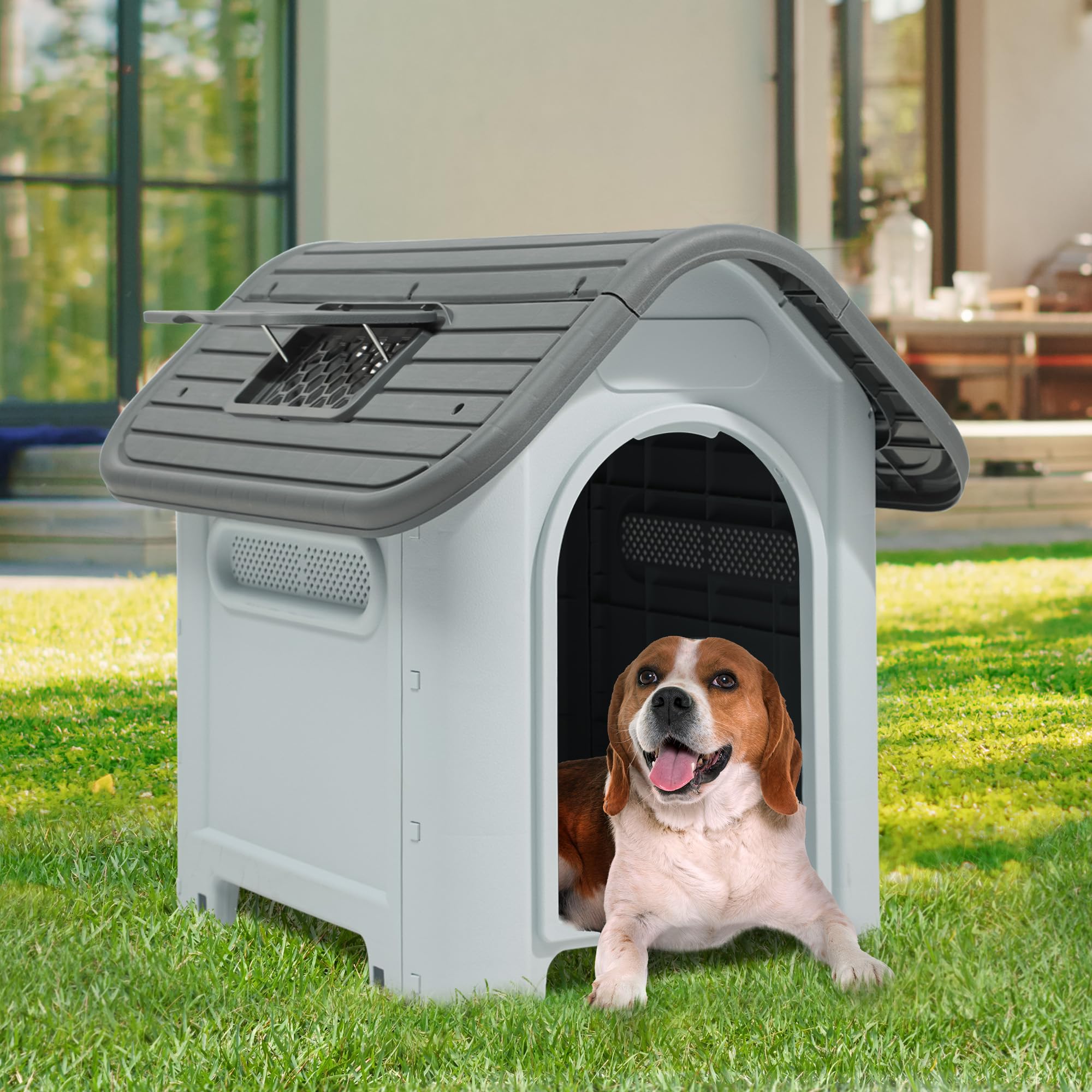Yitahome 30'' Large Dog House Outdoor Plastic Doghouse Water Resistant Pet House With Adjustable Skylight And Elevated Base For