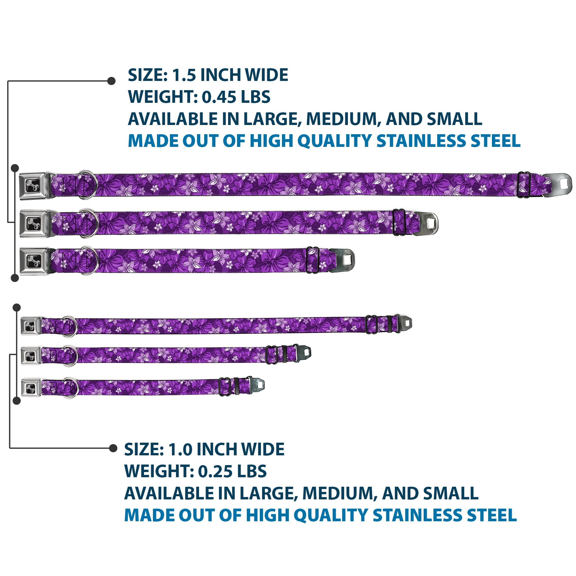Buckle-Down Dog Collar Seatbelt Buckle Hibiscus Collage Purple Shades 11 To 17 Inches 1.0 Inch Wide