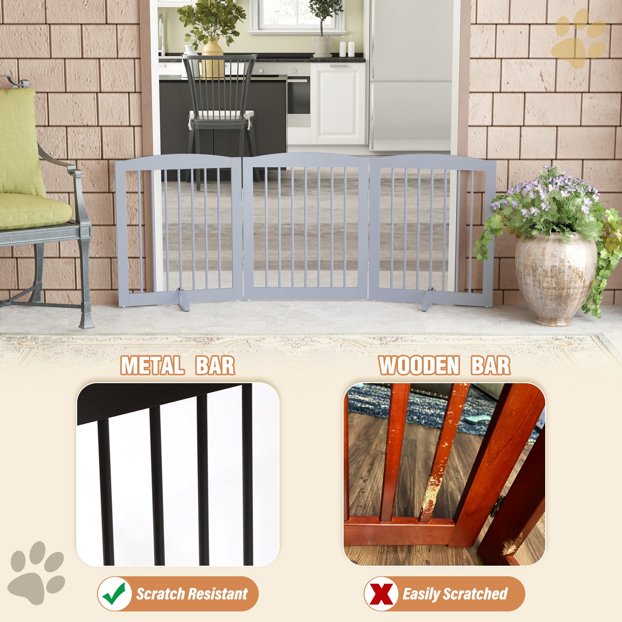 Pupetpo Freestanding Pet Gate For Dogs, Foldable Wooden Dog Gate For House, Indoor Dog Gate For Doorways, Stairs, Step Over Pet Puppy Safety Fence, Support Feet Included, 24' Height 3 Panels, Grey