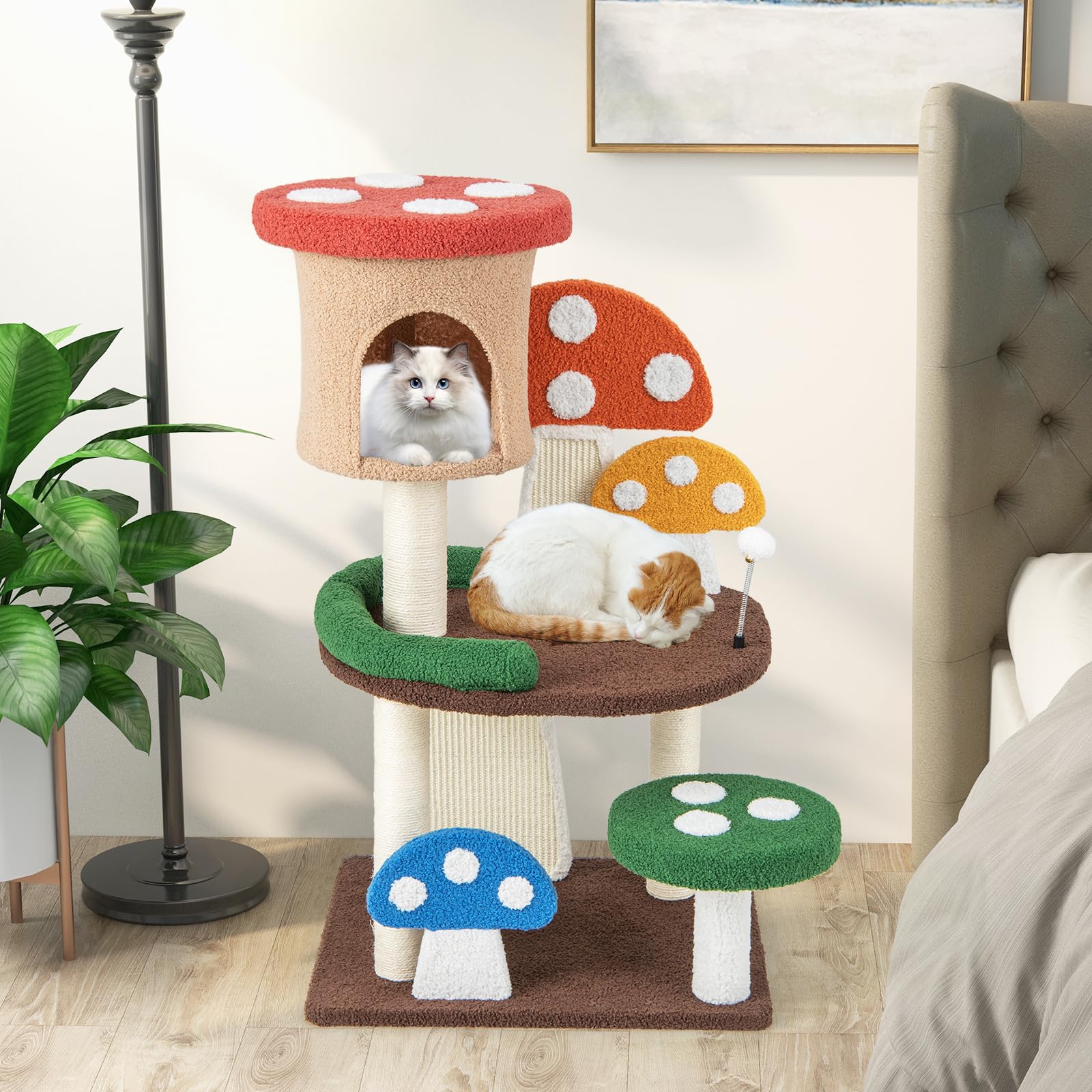 Petsite Mushroom Cat Tree, 40.5 Inches Tall Multi-Level Cat Tower With Natural Sisal Scratching Posts & Boards, Cat Condo And Te