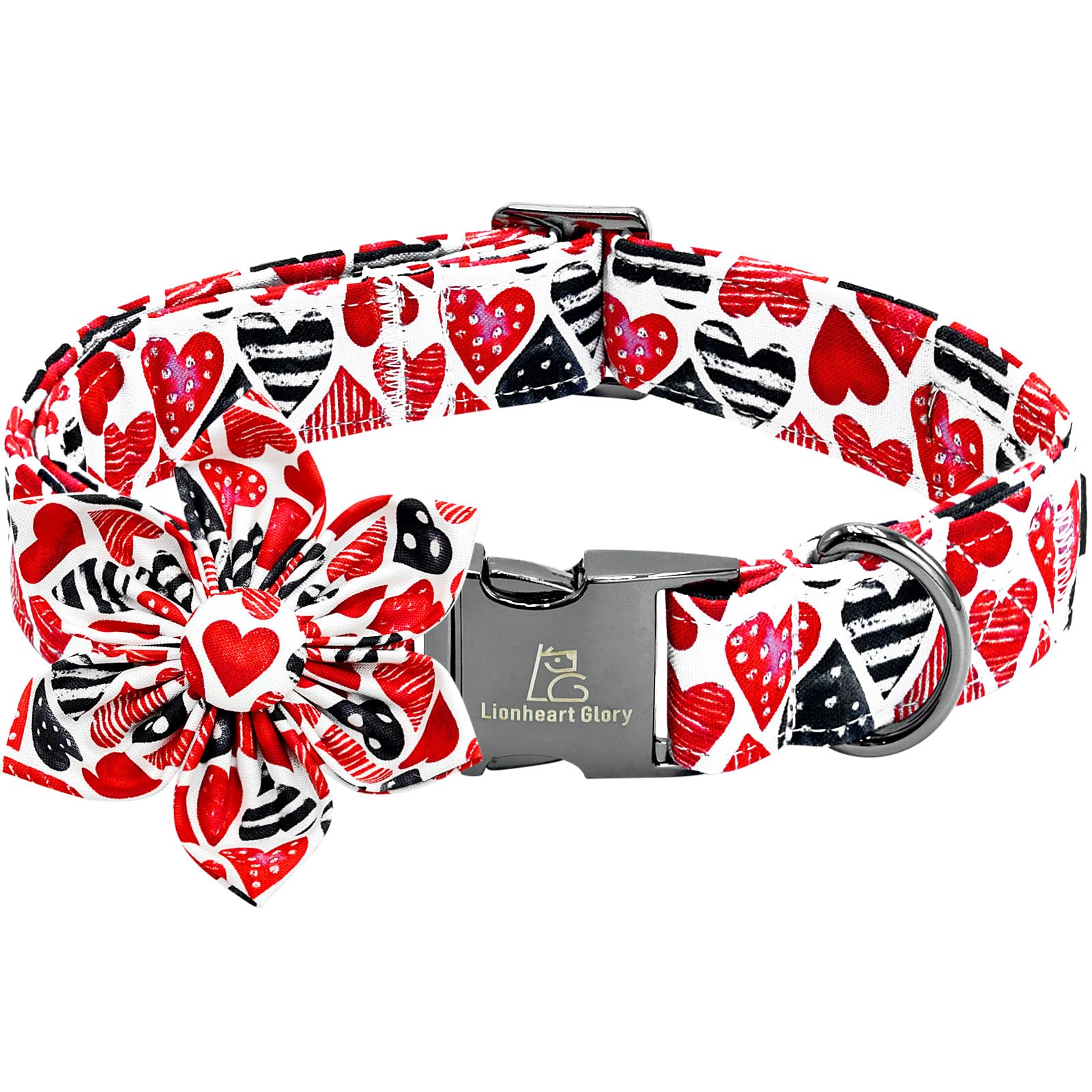 Lionheart Glory Valentine'S Day Dog Collar-Red Hearts Print Dog Collar With Flower For Large Dogs Spring Pink Cute Dog Bow Colla
