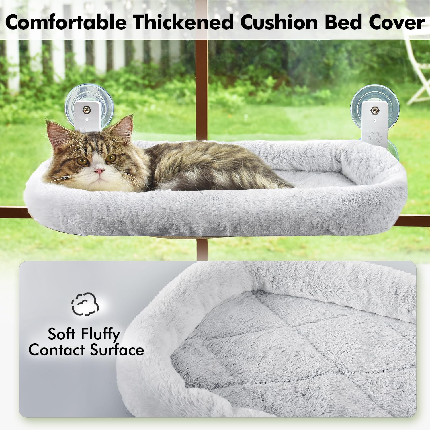 Amosijoy Cordless Cat Window Perch, Cat Hammock For Wall With 4 Strong Suction Cups, Solid Metal Frame And Two Replaceable Covers, Foldable Cat Beds For Indoor Cats (Large-Cushion Bed-Gray)
