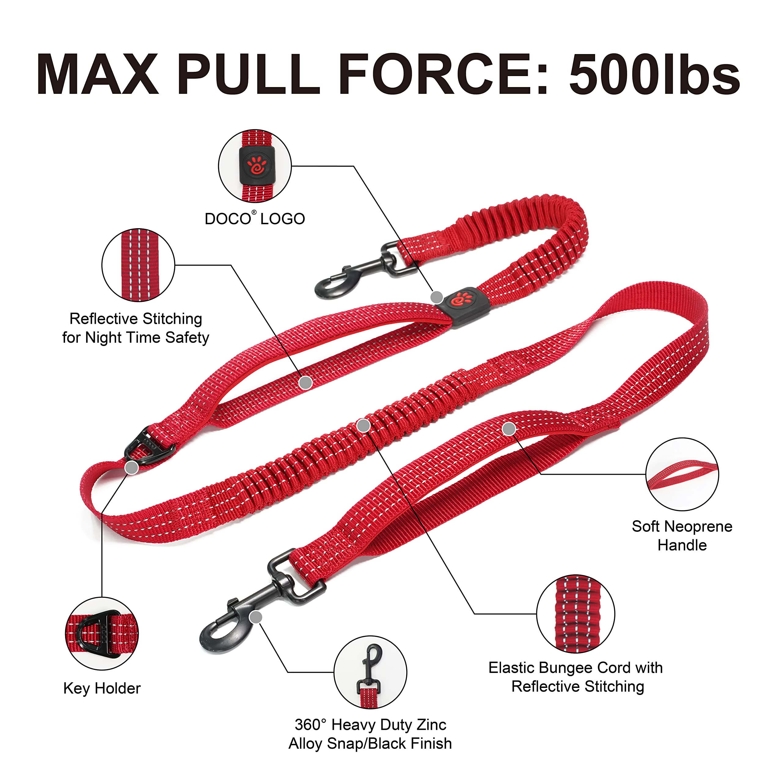 Doco Heavy Duty Hands Free Dog Leash, Retractable Bungee For Running Walking Jogging, Training, Hiking ?Adjustable Waist Belt, Reflective Stitches, Dual Handle (Medium-Large Dogs, 20-100 Lbs)