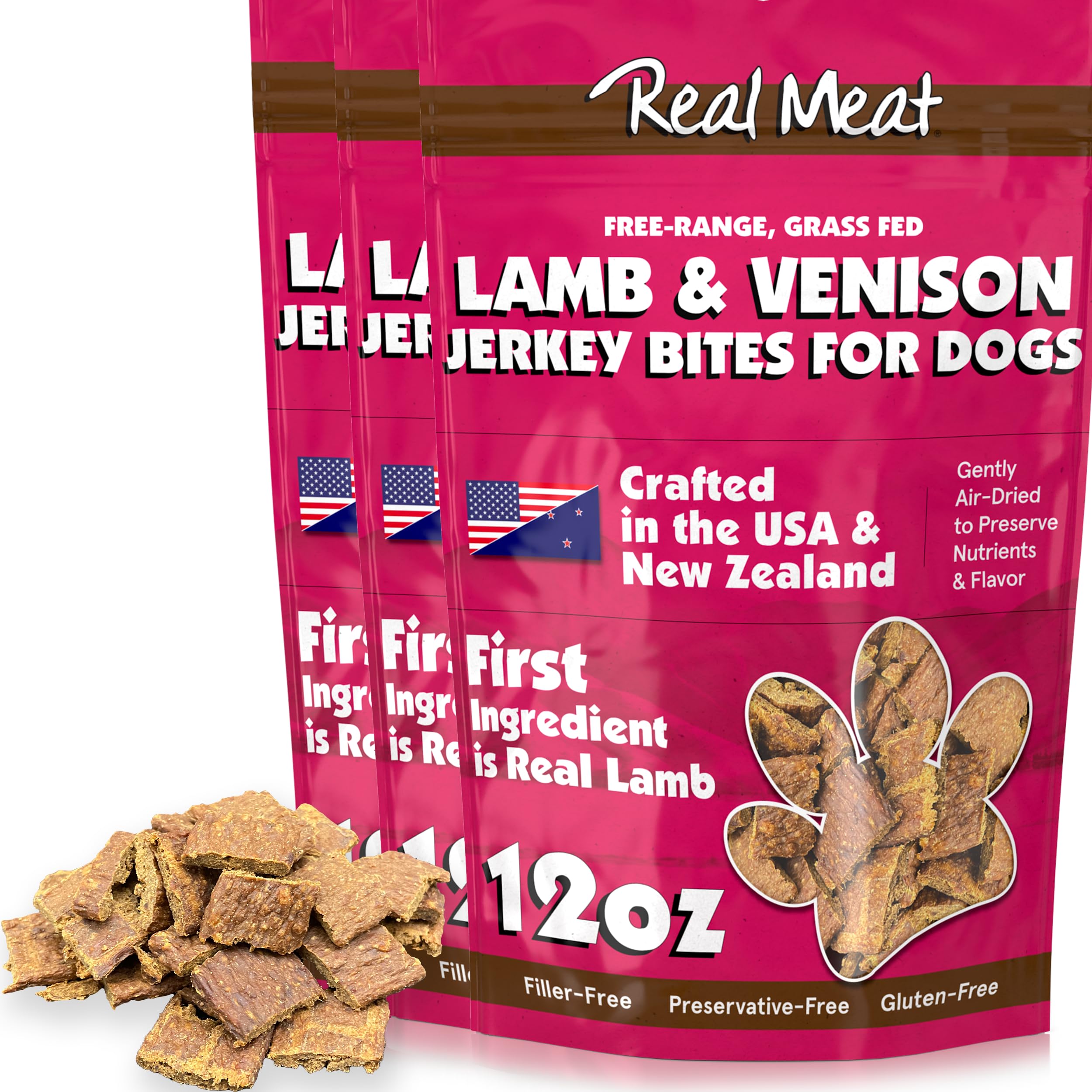 Real Meat Dog Treats - Three 12oz Bag of Bite-Sized Air-Dried Lamb & Venison Jerky for Dogs - Grain-Free Jerky Dog Treats with 9