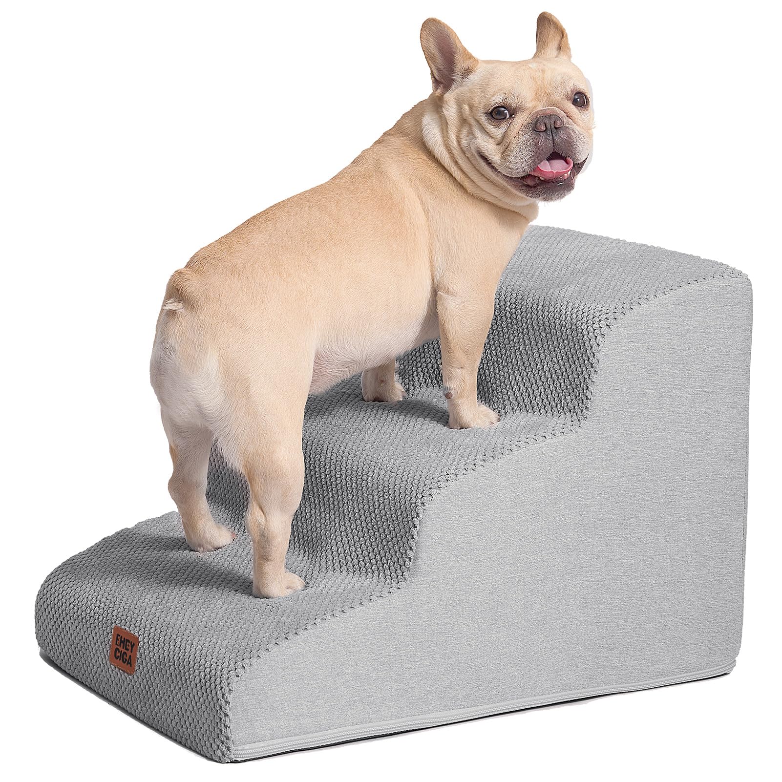Eheyciga Curved Dog Stairs Ramp For Small Dogs 15.7' H, 3-Step Dog Steps For Couch Sofa And Chair, Pet Stairs For Cats, Non-Slip Balanced Pet Steps Indoor, Light Grey