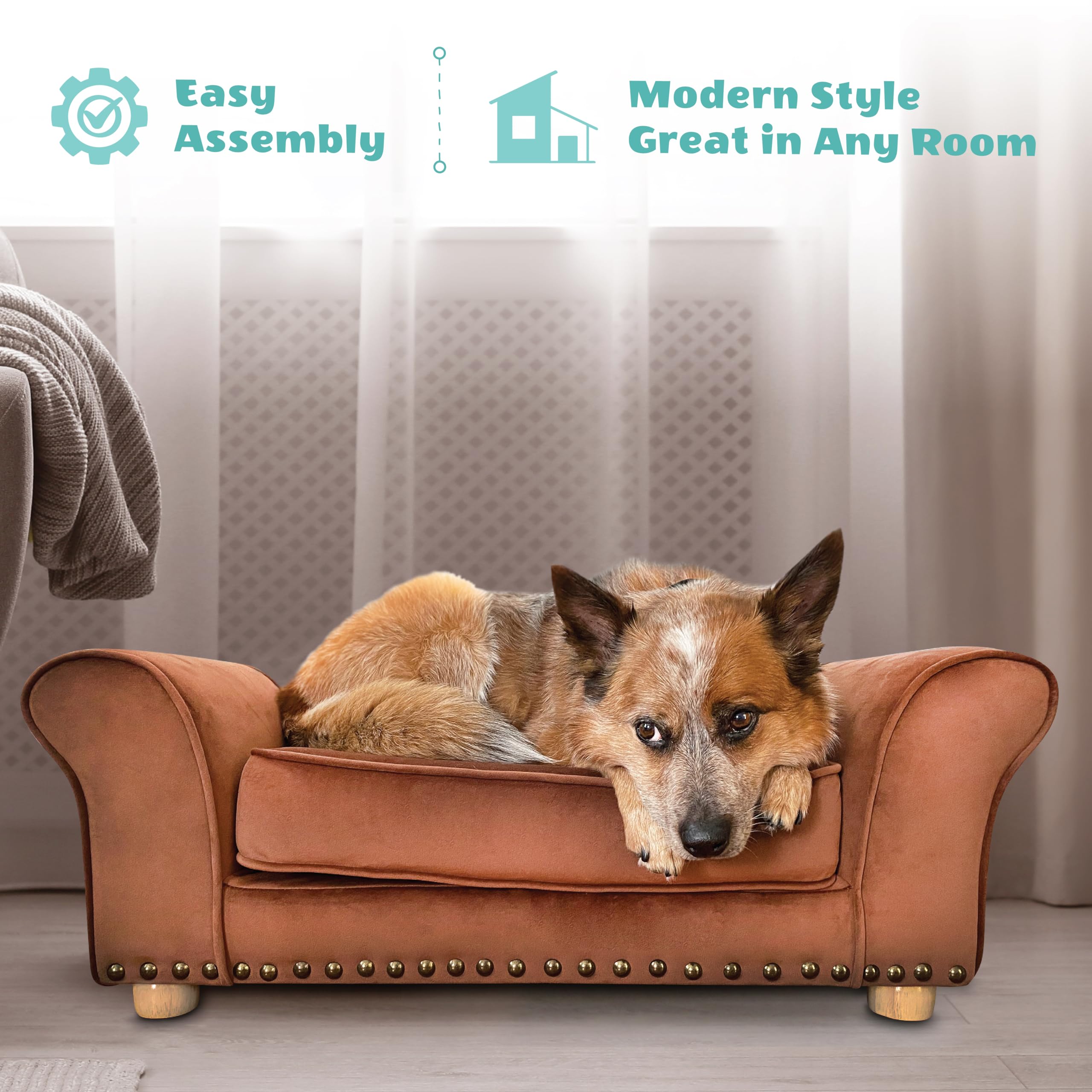 Critter Sitters 34-in. Faux Velvet Sofa in Brown for Medium-Sized Dogs and Cats, Durable and Stylish Dog Bed for Bedroom and Liv