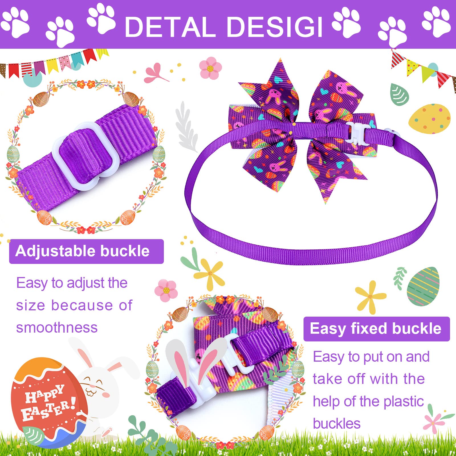 Talltalk 40 Pcs Easter Dog Collars For Dogs Bulk Bunny Spring Dog Collar Easter Grooming Bows With Plastic Buckle Elastic Cat Bo
