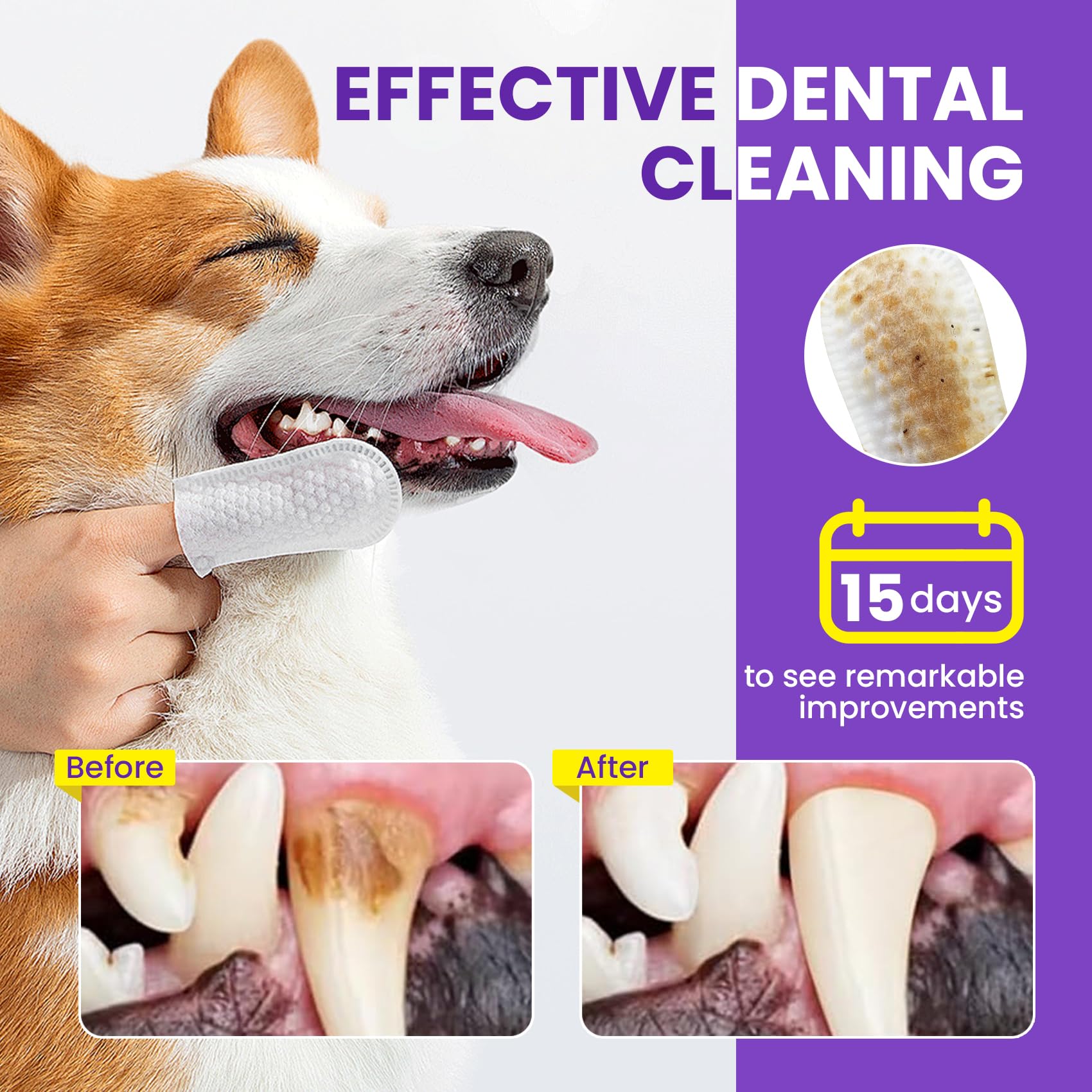 BuddyCheer No-Rinse Dog Dental Care Wipes - 50 Ct, Unscented Toothbrush Kit for Dogs & Cats, Removes Plaque & Tartar