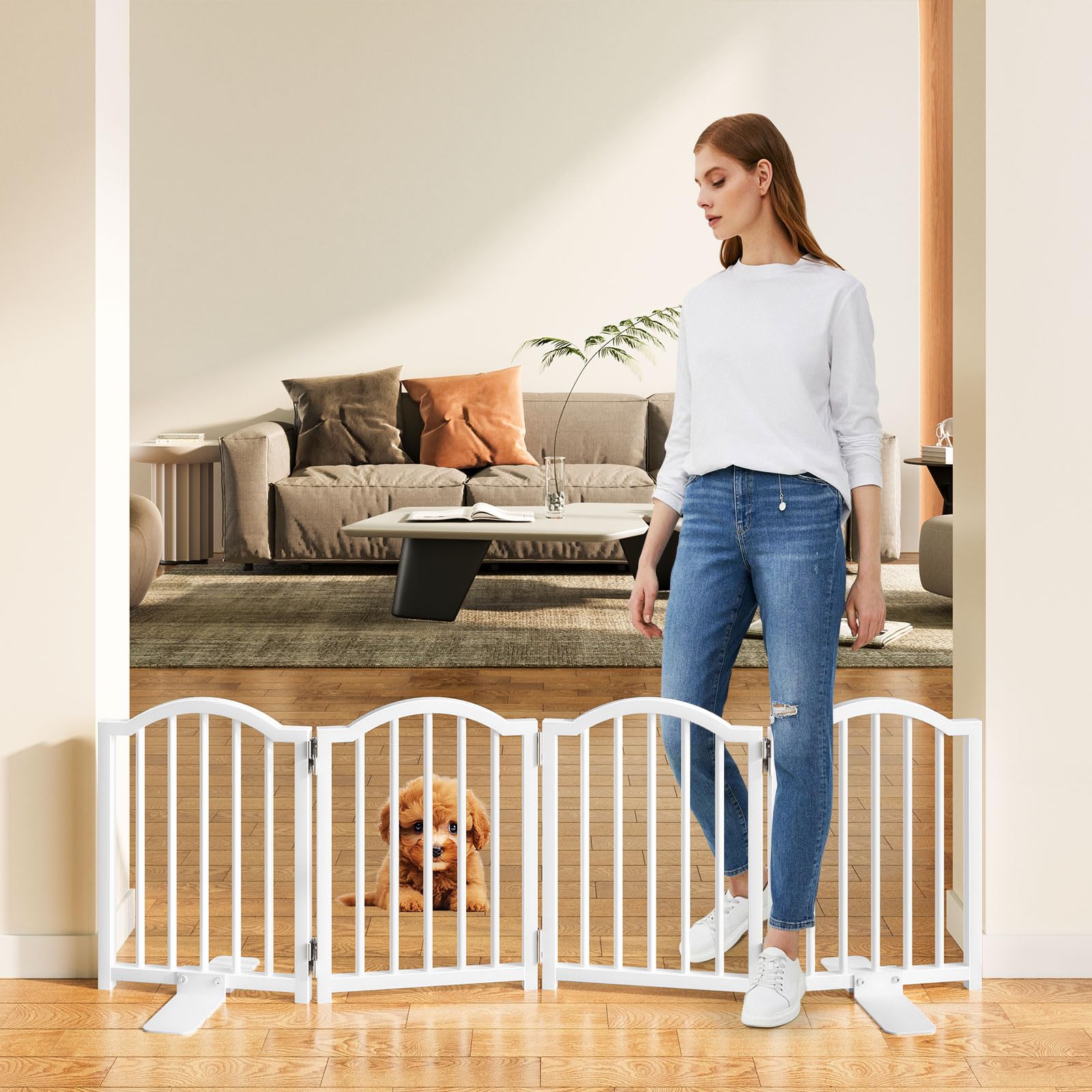 Snughome 2 Pack Short Dog Gate Indoor, 16 High Freestanding Small Dog Gates with Support Feet, Expand Up to 48Wide Foldable Pet 