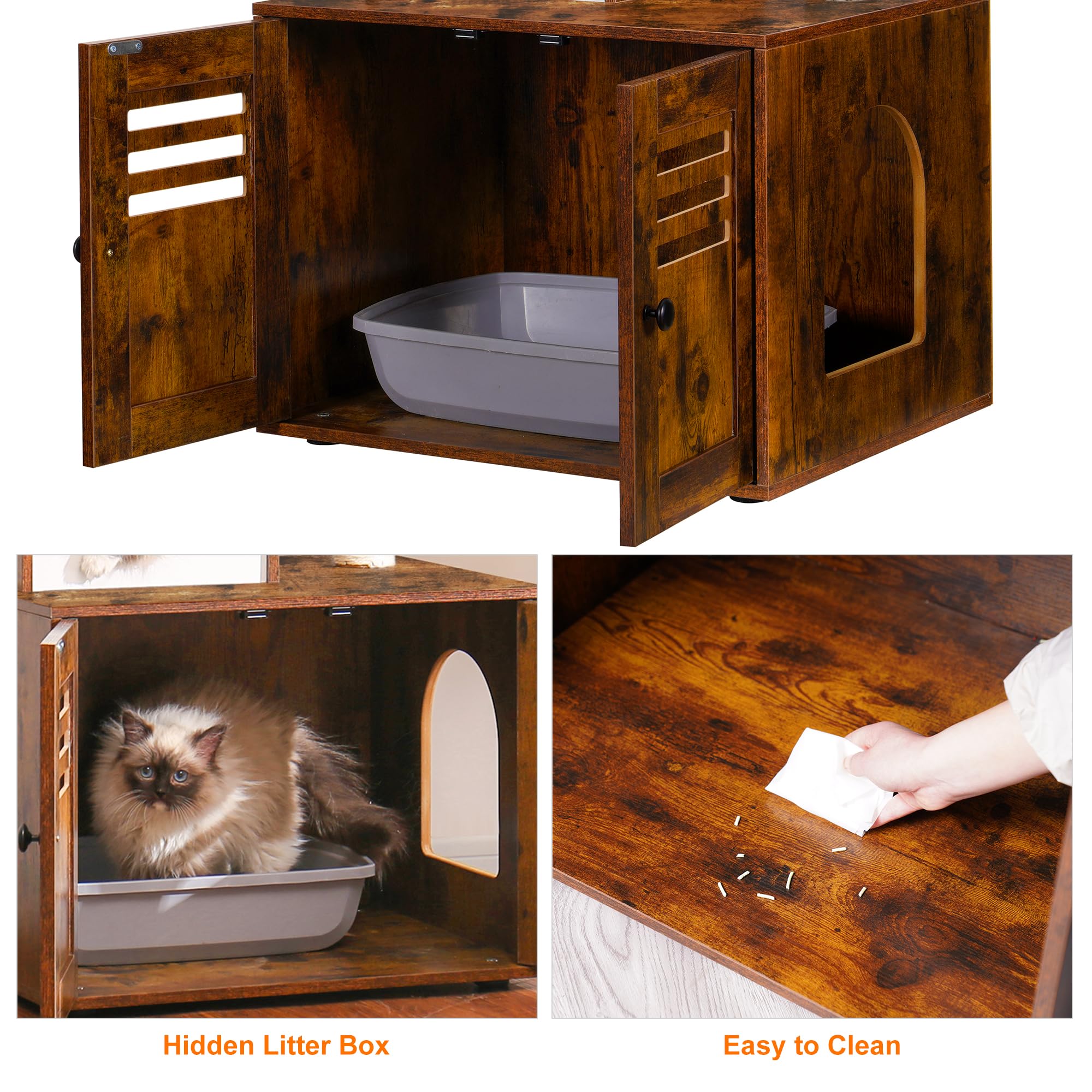 Heybly Cat Tree, Wood Litter Box Enclosure with Food Station, All-in-one Indoor Cat Furniture with Large Platform and Condo, Mod