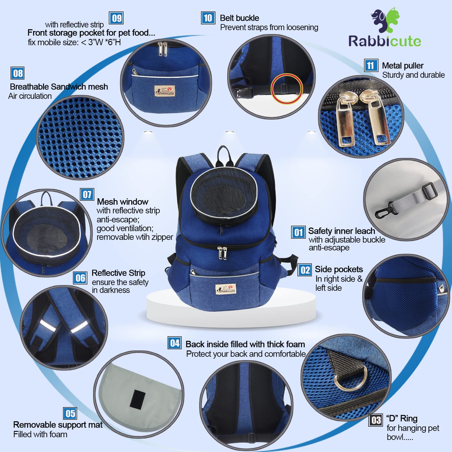 Rabbicute Pet Dog Carrier Backpack Adjustable Breathable Front Pack Head Out Removable Design Puppy Cat Dog Backpack For Small Dogs Cats Padded Shoulder Bag For Travelling Hiking Camping Outdoor Trip