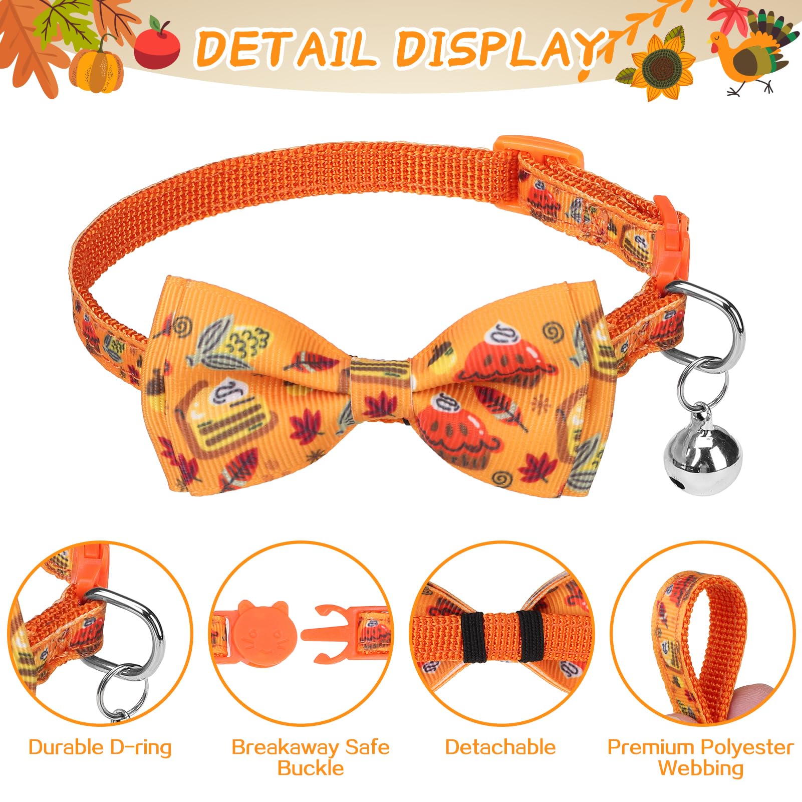 Scenereal Cat Collar Breakaway With Bell And Bowtie - 3 Pack Cute Holiday Cat Collars- Maple And Pine Cone Fall Kitten Collar Ad
