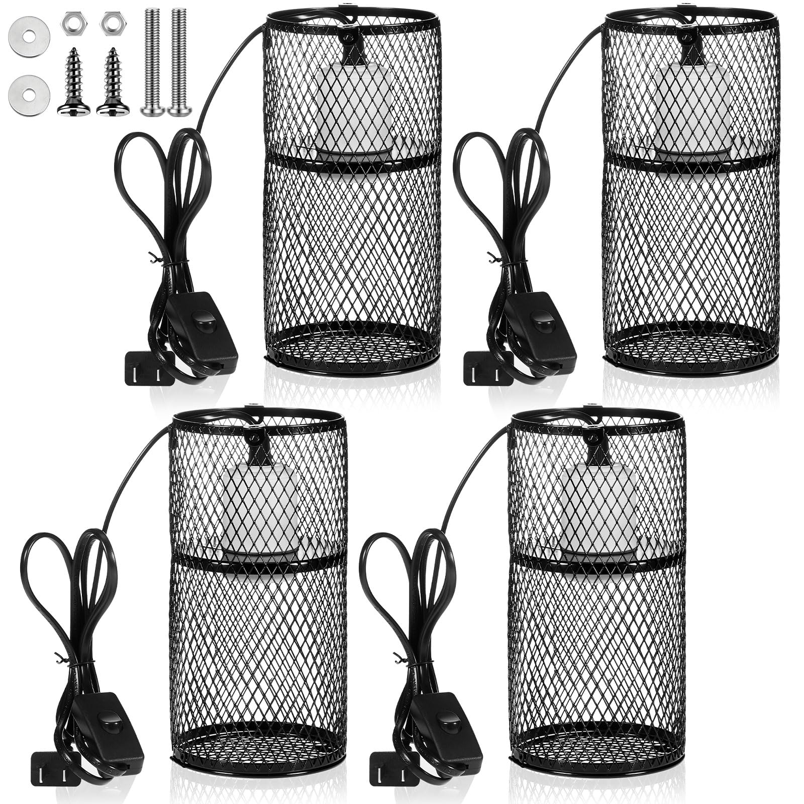 Vihose 4 Pcs Reptile Heat Lamp Guard With 150W Ceramic Heat Emitter Basking Anti Scald Heating Lamp Holder Mesh Cage Reptile Pro