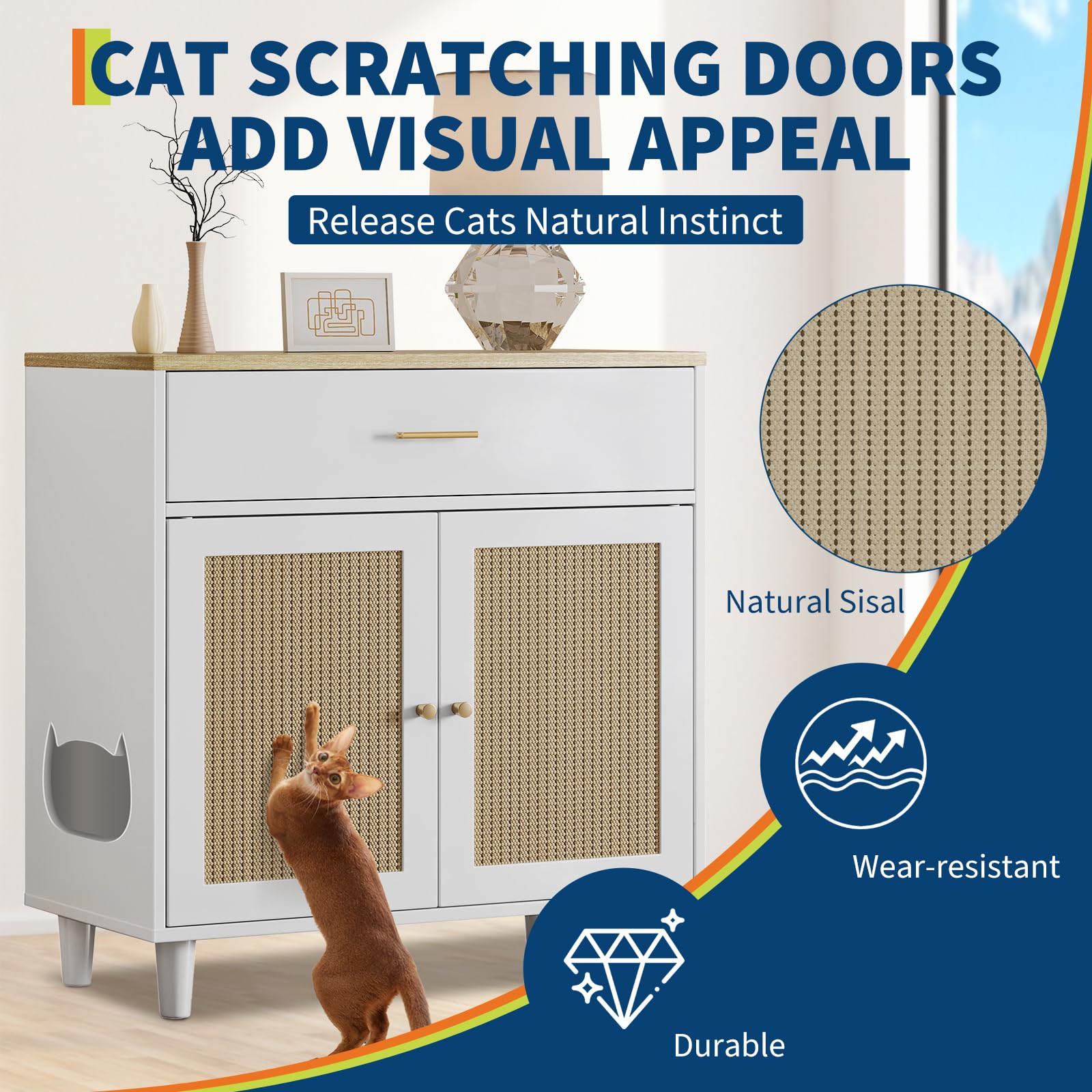 GarveeLife Hidden Cat Litter Box Furniture with Storage Drawer, Wood Cats Litter Enclosure Cabinet with 2 Sisal Doors, Hidden En