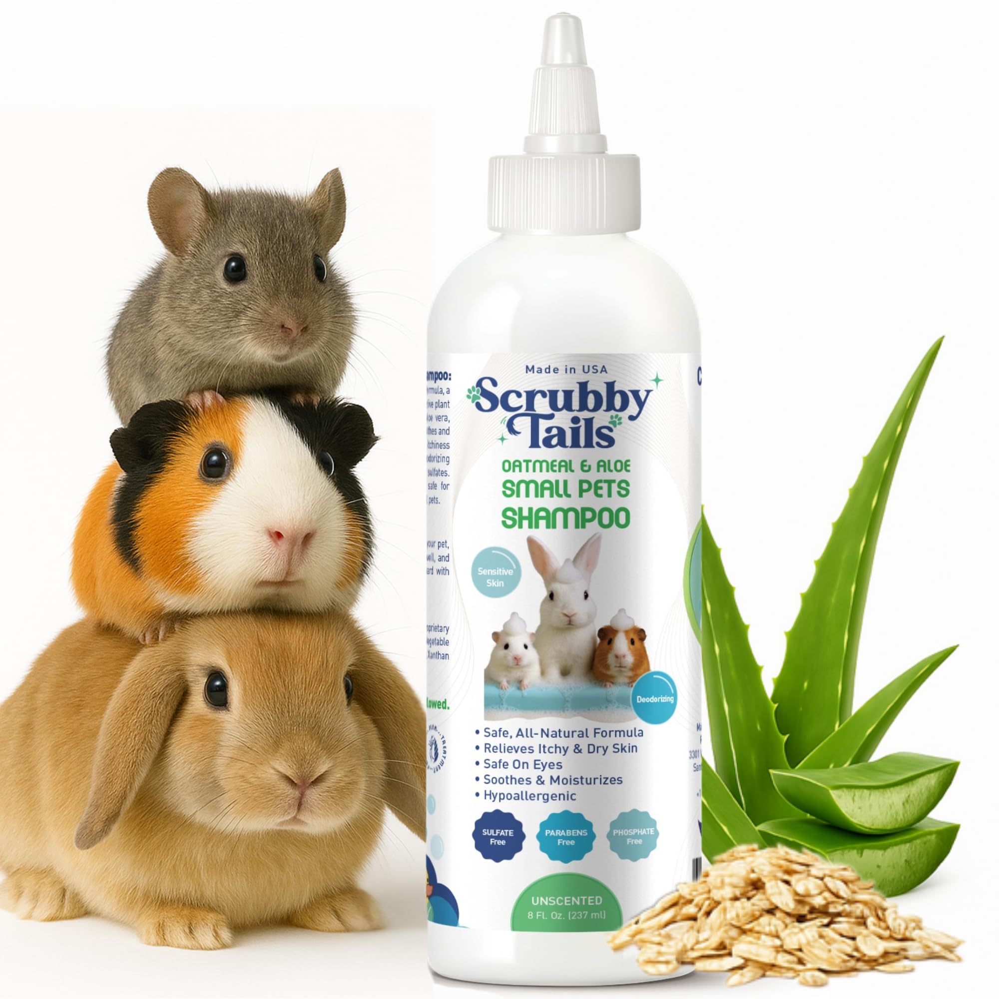 Scrubby Tails Natural Oatmeal & Aloe Vera Small Pets Shampoo For Guinea Pig, Bunny, Ferret & Rabbit Shampoo - Hypoallergenic For