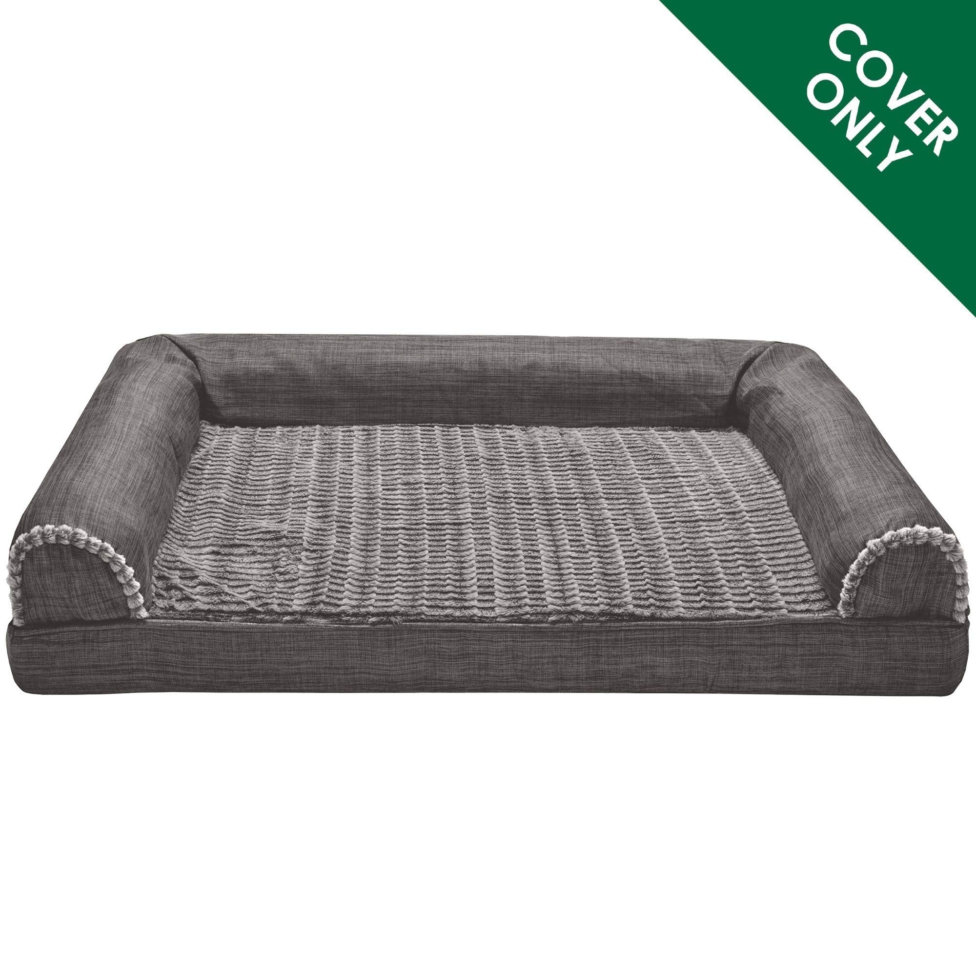 Furhaven Replacement Dog Bed Cover Luxe Faux Fur & Performance Linen Sofa-Style, Machine Washable - Charcoal, Jumbo (X-Large)