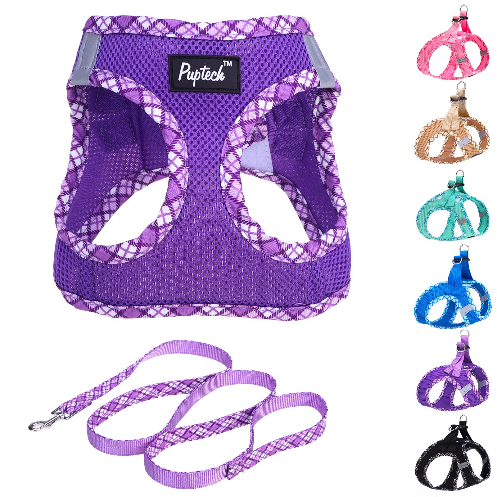 Pupteck Dog Harness And Leash Set For Small Medium Dogs No Pull Step-In Soft Mesh Puppy Cat Vest Harnesses Reflective At Night, Purple Xs