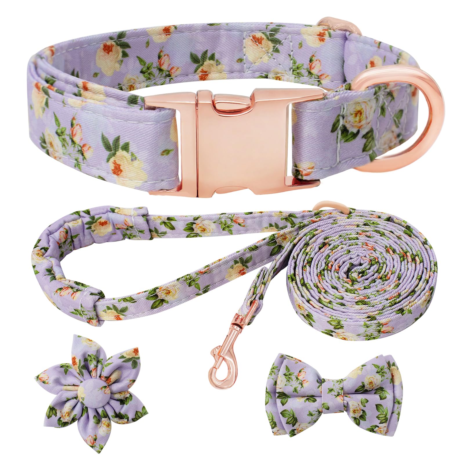 HSIGIO Dog Collar and Leash Set Girls Adjustable Puppy Collars with Floral Bow Tie for Small Medium Large Female Dogs, Light Pur