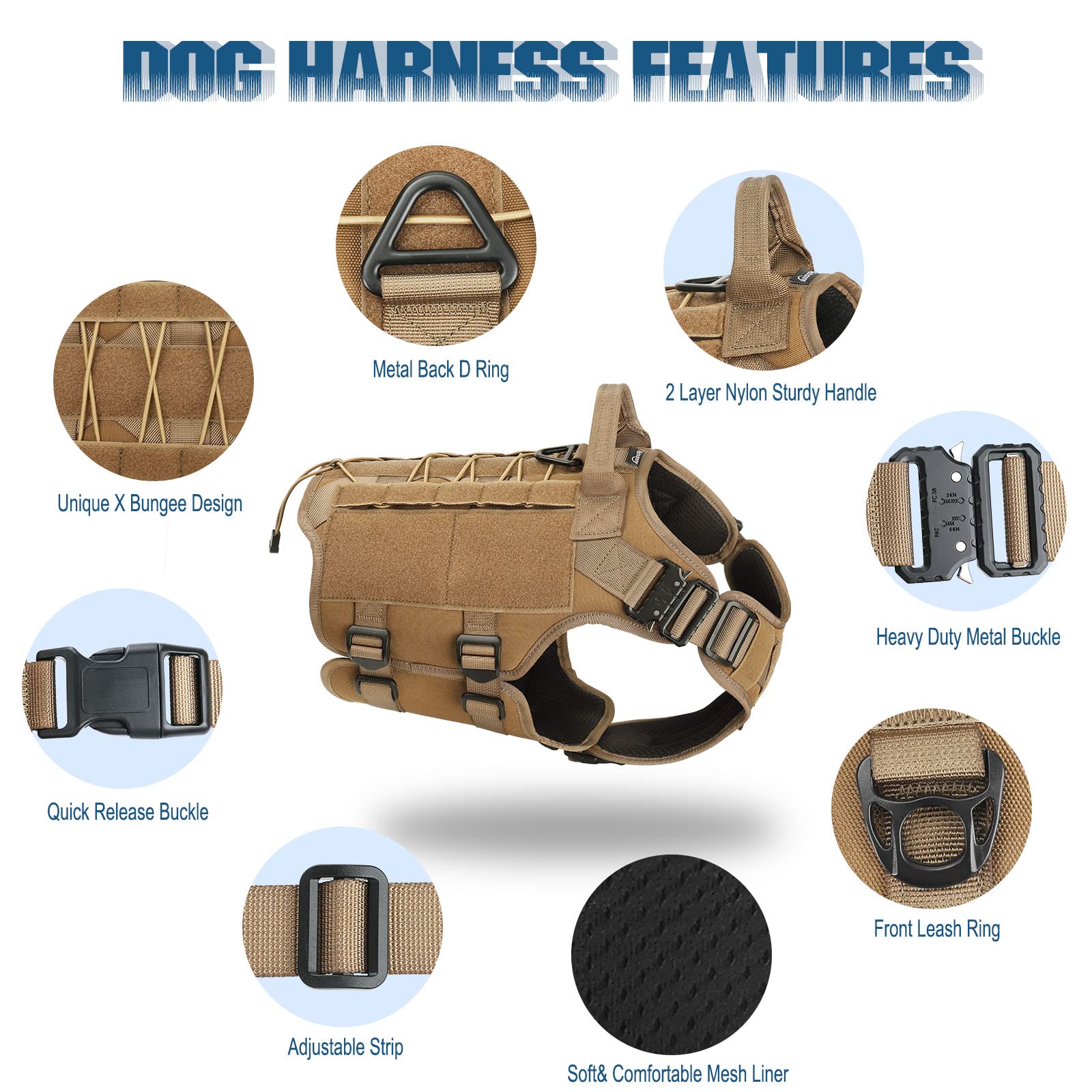 Petnanny Tactical Dog Harness - Service Dog Harness Emotional Support Dog Vest For Medium Large Dogs, No Pull Esa Dog Vest With Hook & Loop, Working Molle Vest For Training Huntin(Khaki,L)