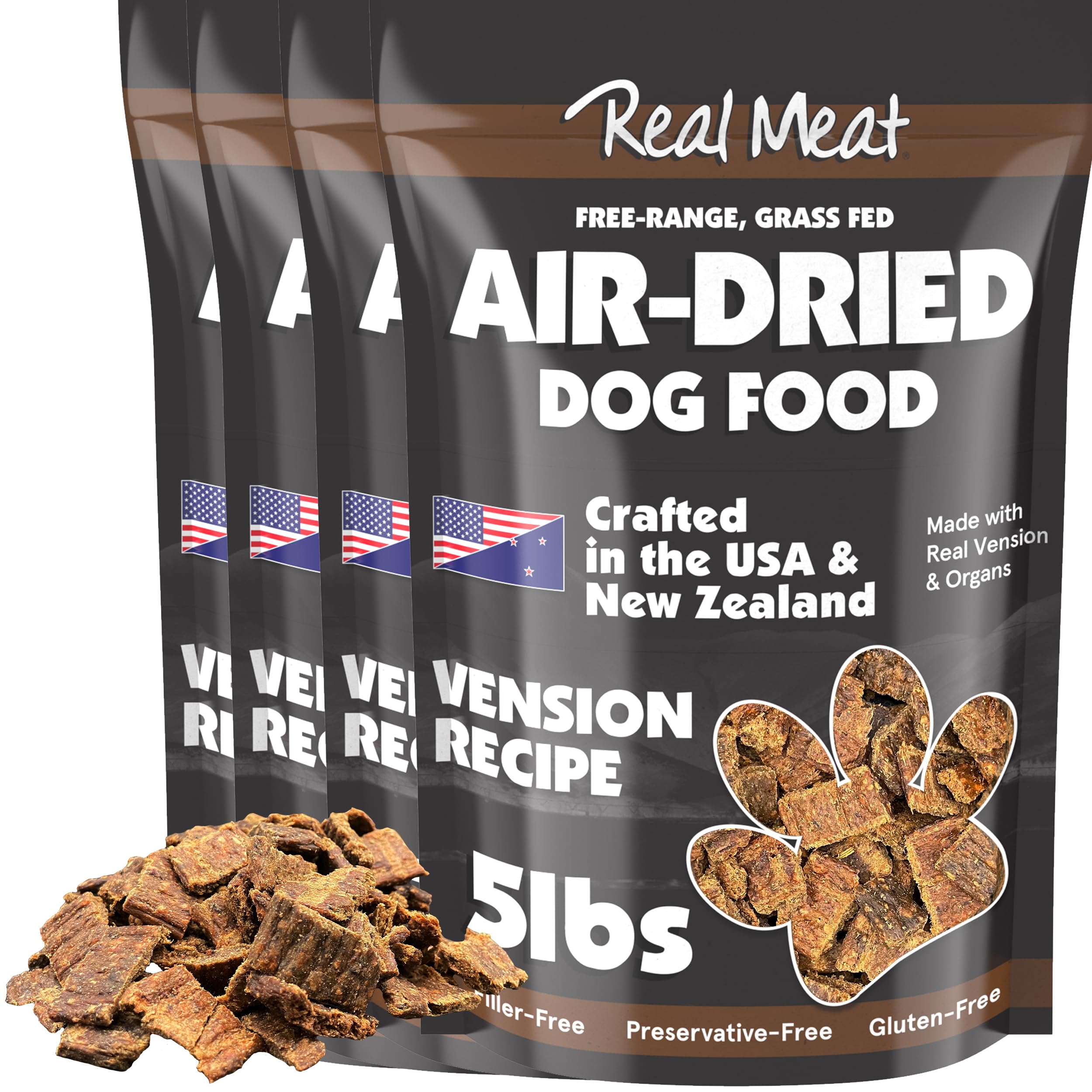 Real Meat Air Dried Dog Food w/ Real Venison - Four 5lb Bag of USA-Crafted Grain-Free Real Meat Dog Food Sourced from Hormone-Fr