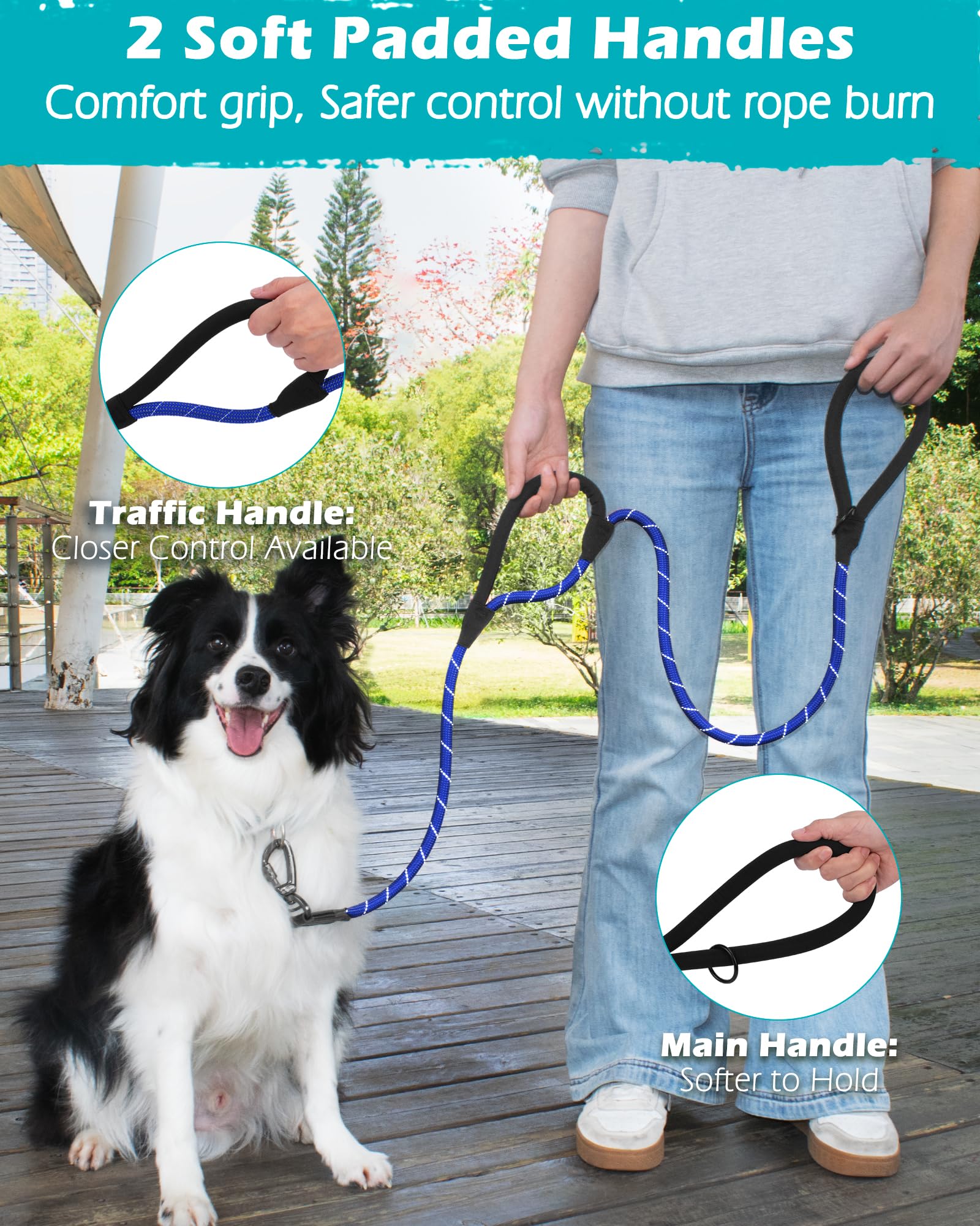 Petbonus Double Handle Rope Dog Leash, 5Ft/6Ft Heavy Duty Training Lead With Lockable Hook And 2 Comfortable Padded Handles, Ref