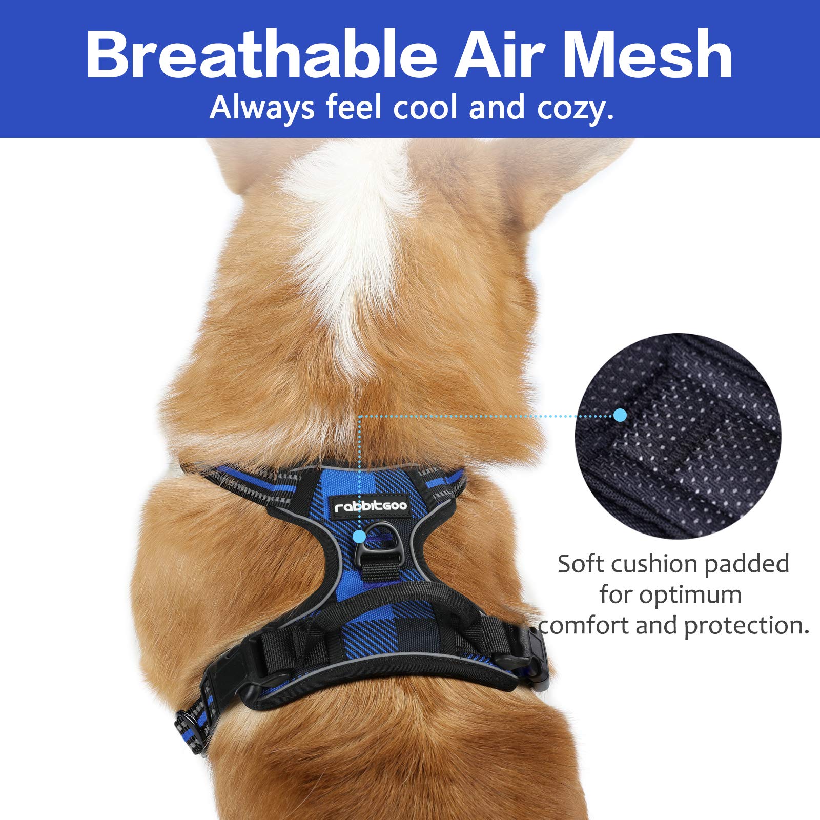 rabbitgoo Dog Harness No-Pull, Comfortable Padded Plaid Harness with Handle Easy Control, Adjustable Reflective Pet Vest with 2