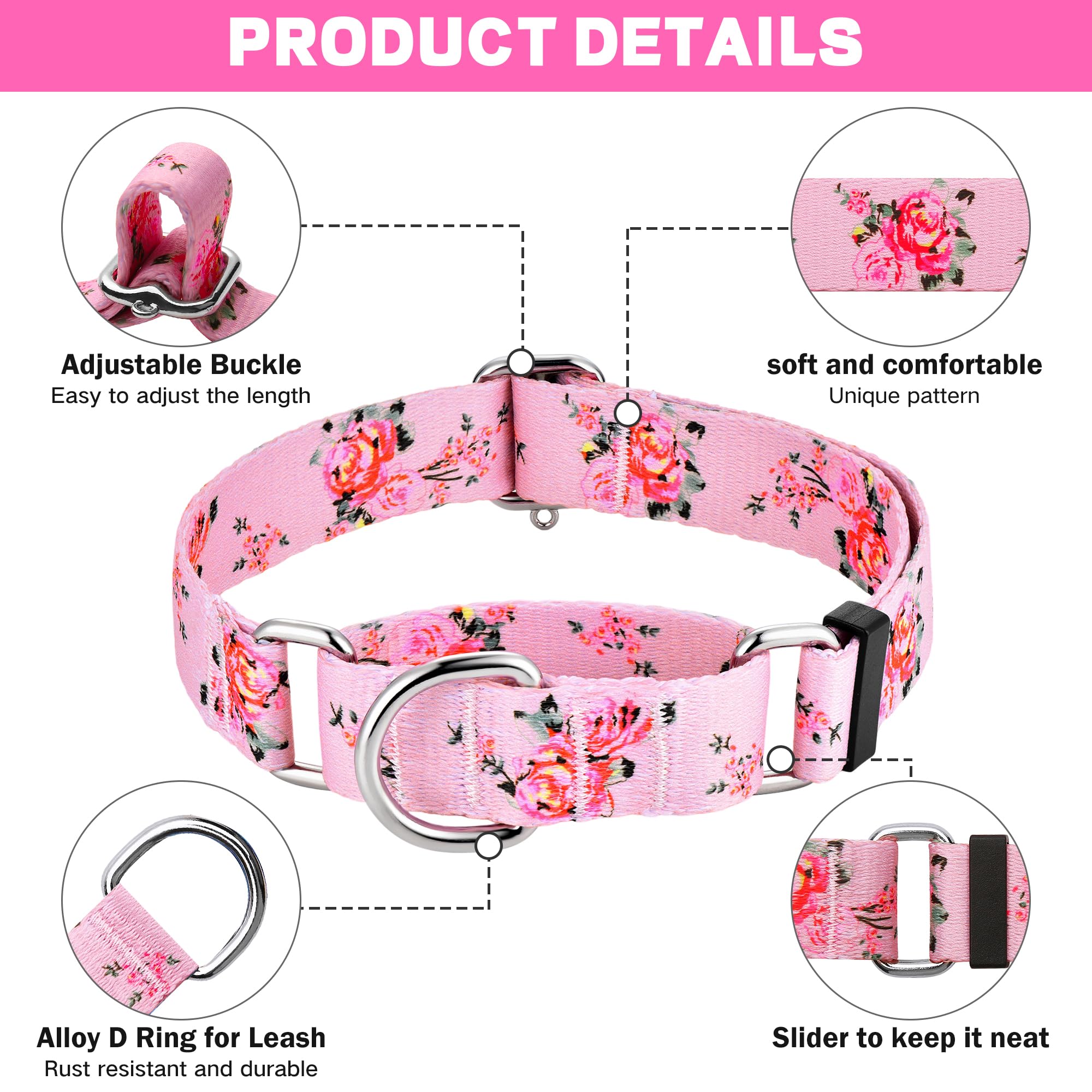 Hikiko Martingale Collar For Dogs With No Buckle Pink Floral Female Dog Collar Cute Girl Dog Collars For Medium Dogs,Pink Rose,M