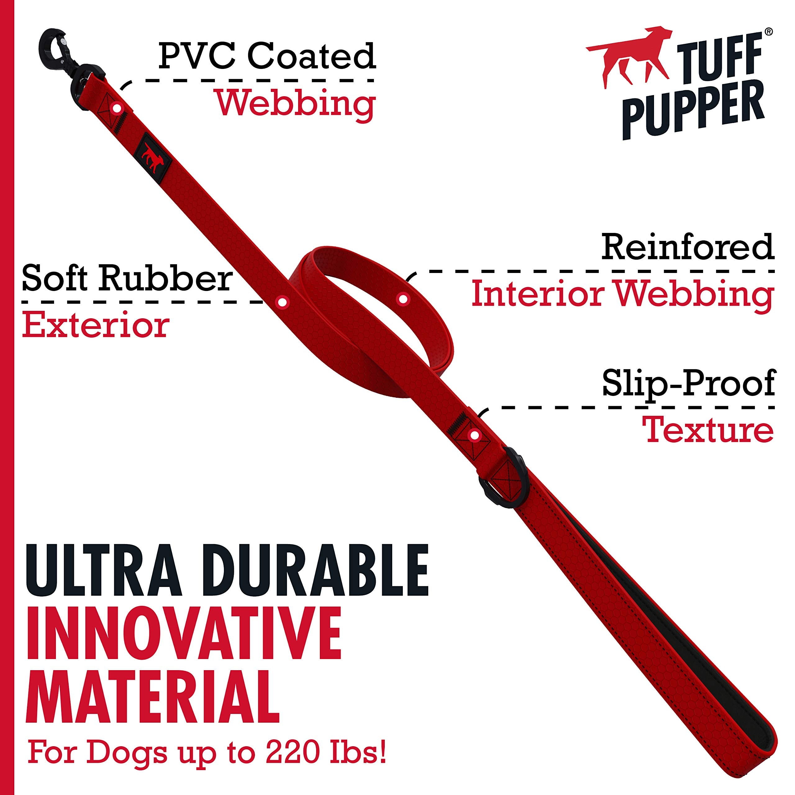 Tuff Pupper Heavy Duty Waterproof Dog Leash - 6ft Crimson Red, PVC-Coated Webbing, Rust-Proof, Odor Free