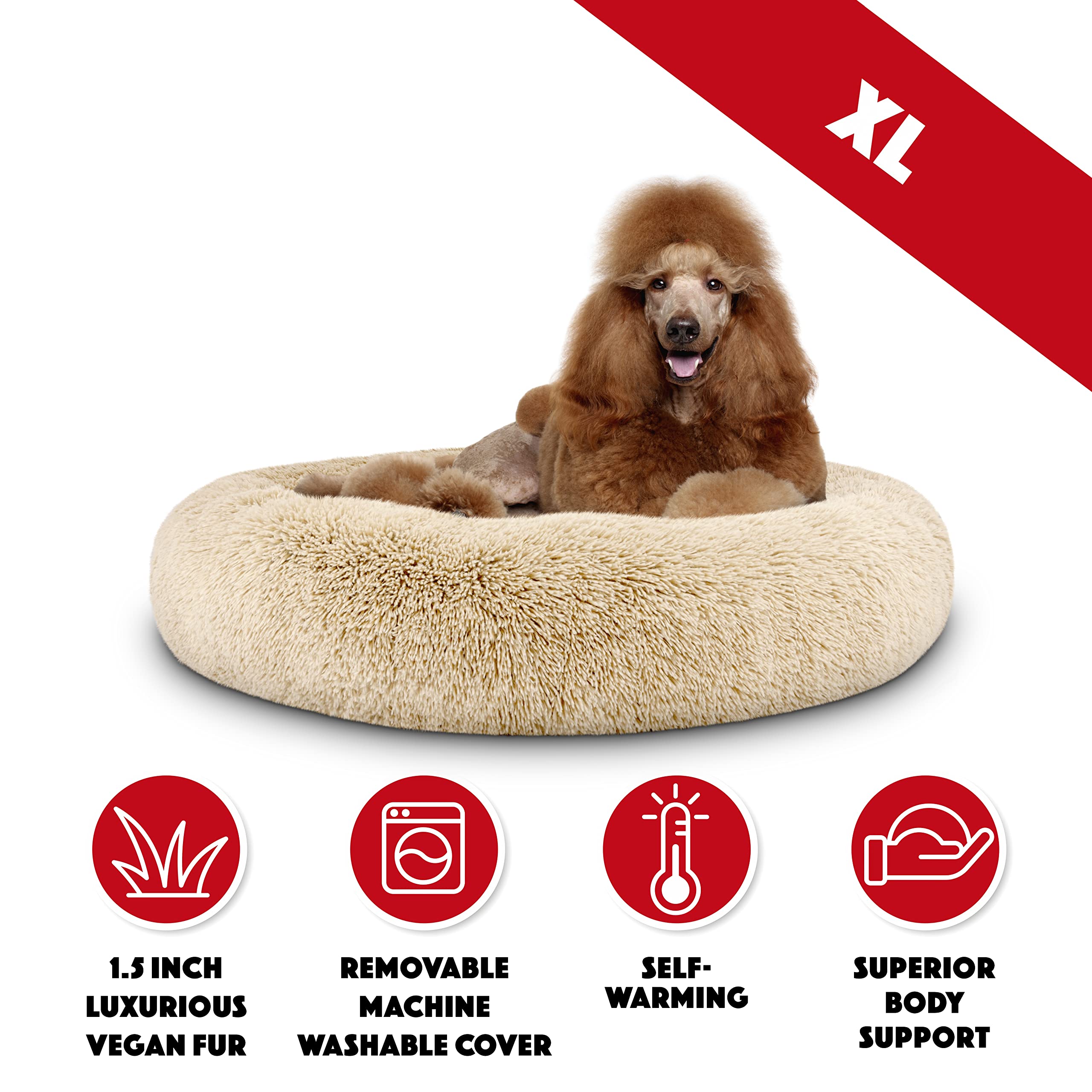 The Dogs Bed Sound Sleep Donut Dog Bed, XL Beige Fur Calming Nest Bed Removable Cover, Veterinary Approved