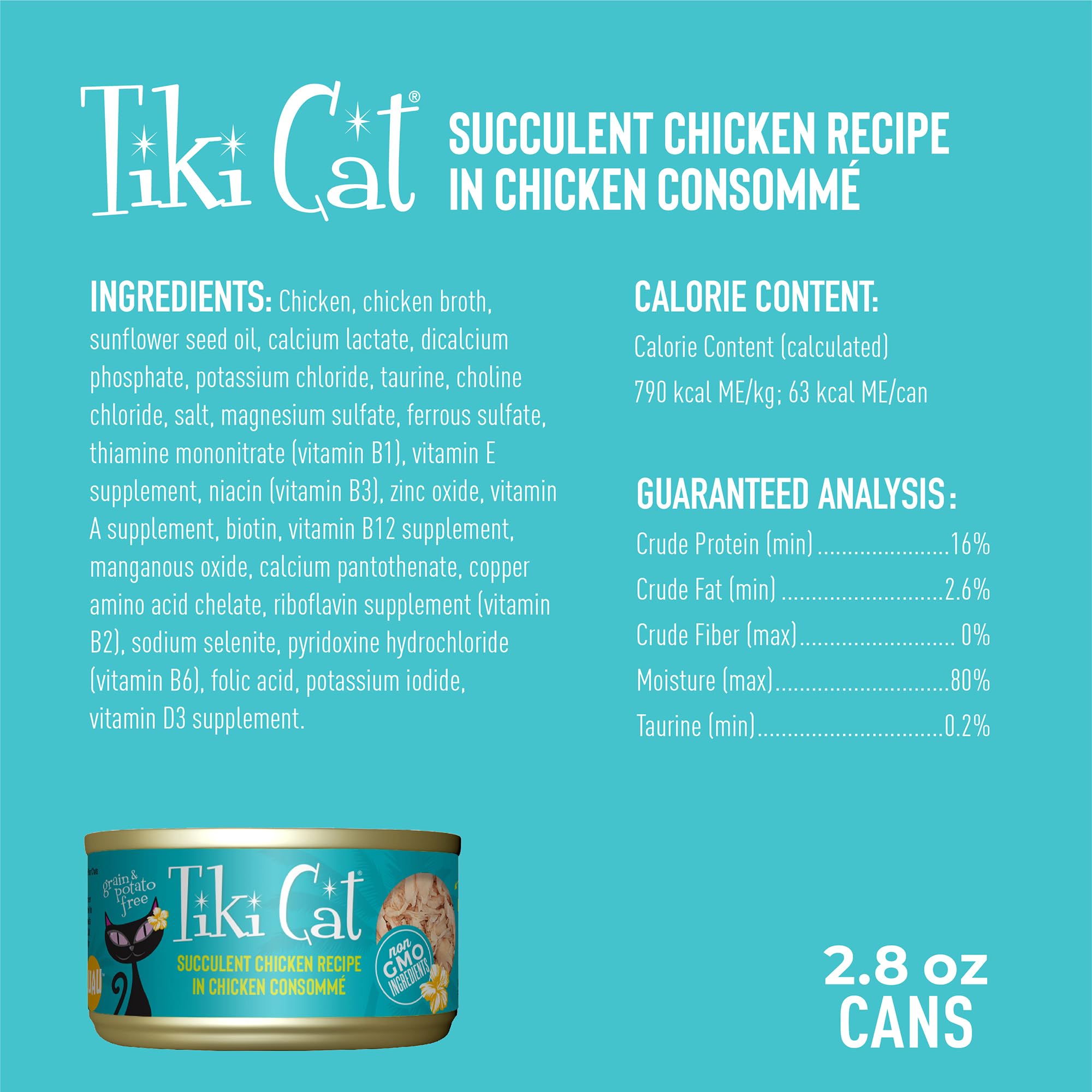 Tiki Cat Luau Shredded Meat, Succulent Chicken Recipe in Chicken Consumme, Grain-Free Balanced Nutrition Wet Canned Cat Food, Fo