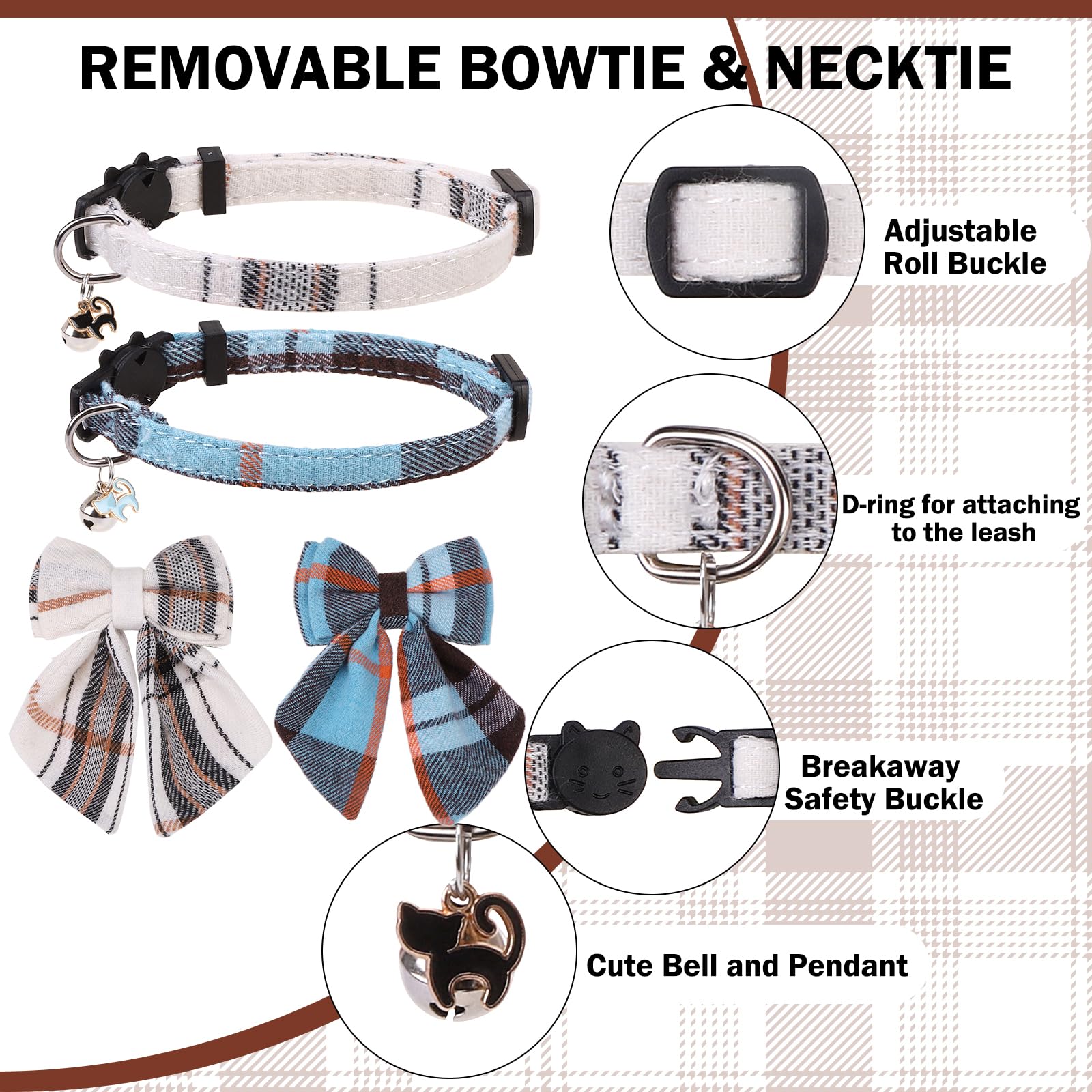 Dillybud Cat Collar With Bells Breakaway, Bowtie Cat Collar For Boy Girl Cats With Removable Bow Tie Collar, Cute Plaid Kitten C