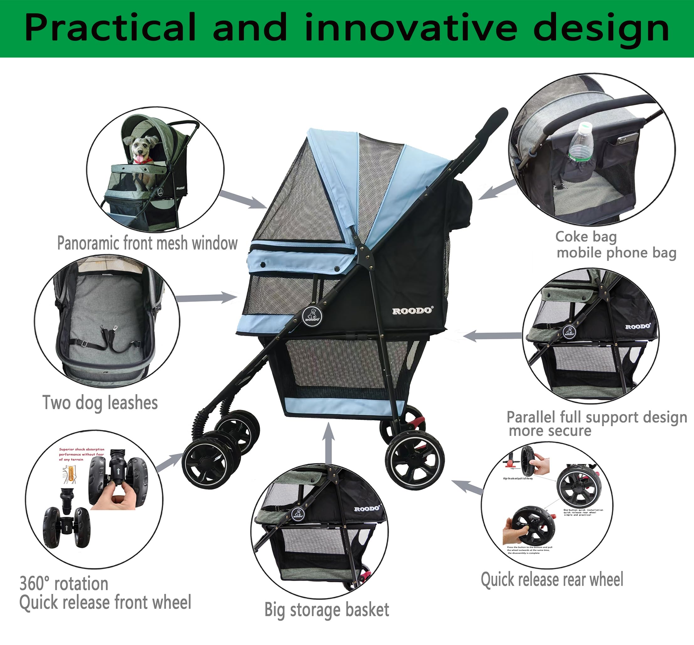 Roodo 4 Wheel Dog Cat Pet Stroller Best Lightweight Foldable Compact Portable Jogger All Terrain Travel Pet Gear Puppy Doggie Bu