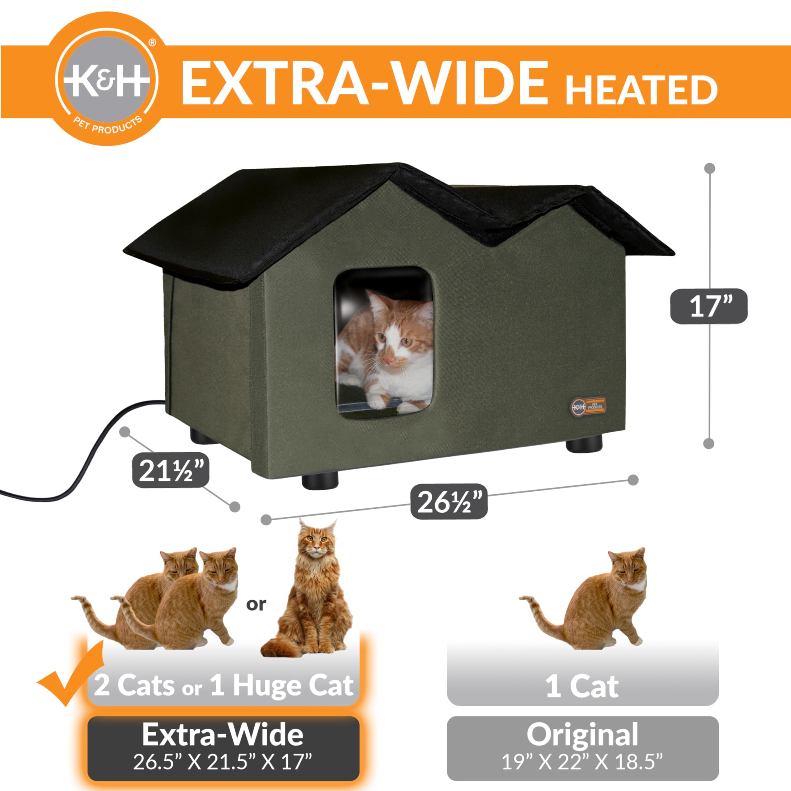 K&H Pet Products Elevated Outdoor Kitty House Extra-Wide Heated Olive/Black 26.5 X 21.5 X 17 Inches