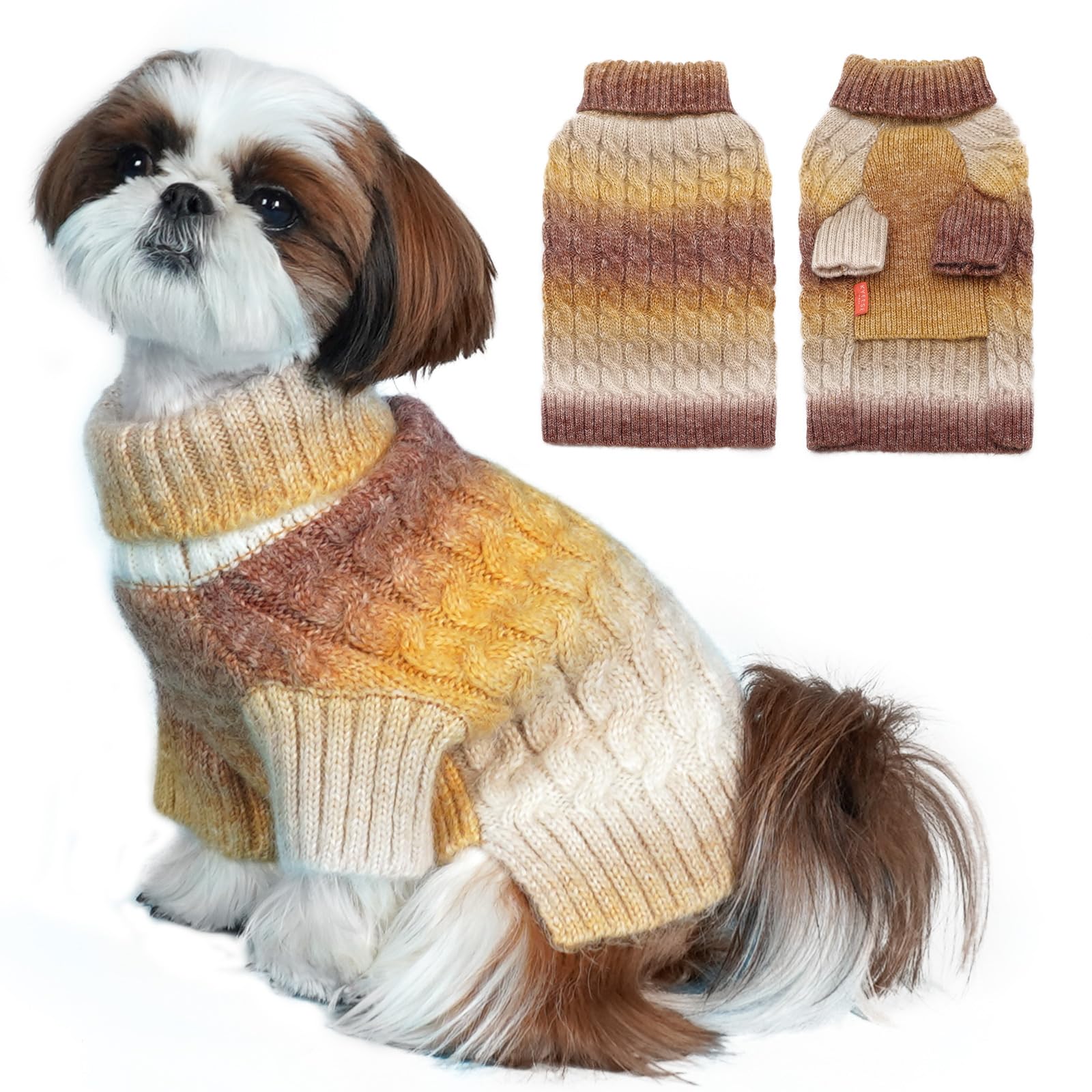 Kyeese Dog Sweater Thick Cable Knit Puppy Sweater Gradient Color Small Dog Sweater Fuzzy Warm With Sleeves, Brown, X-Small