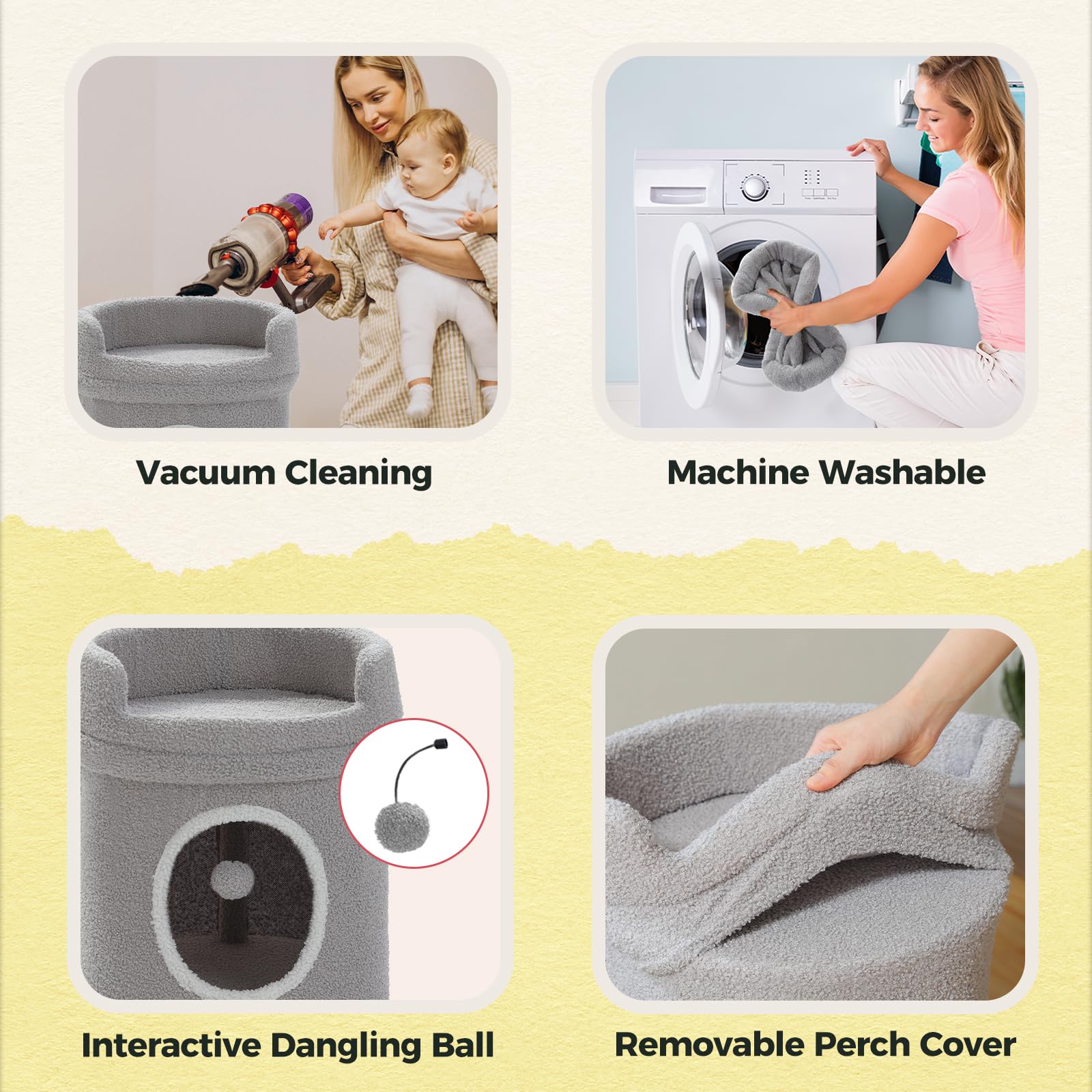 Petepela Cat Condo House With Tree, Cave Bed & Removable Flower Cat Cushion - 20X20X16 Inches, Brown