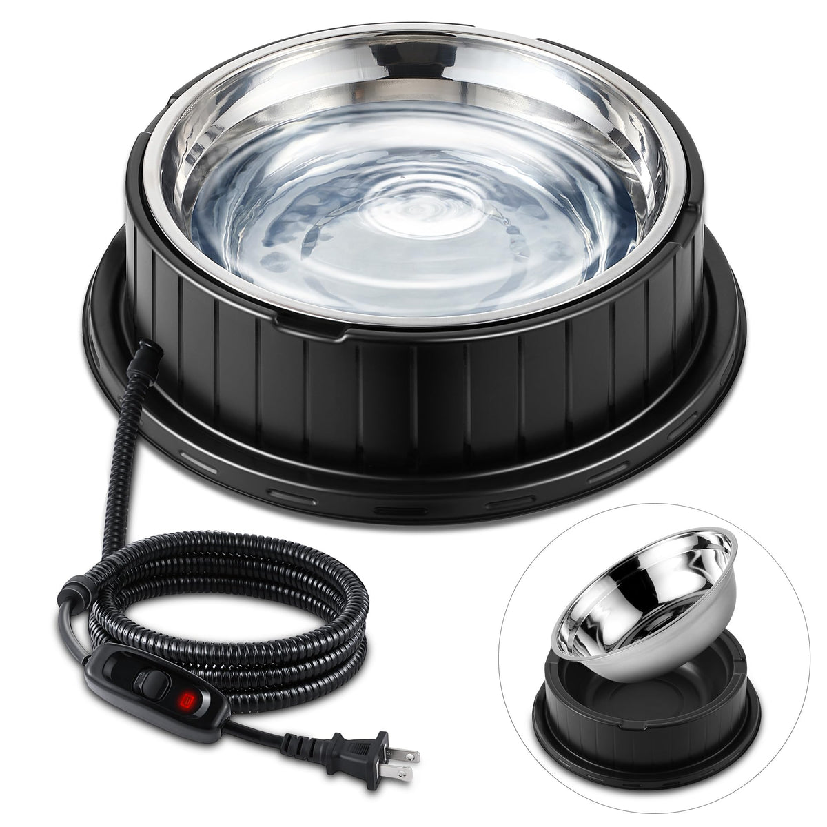 Dunkive Heated Water Bowl For Dog Cat With Thermostatic Control, 55W 80Oz Removable Stainless Steel Heated Dog Pet Bowl With Ant