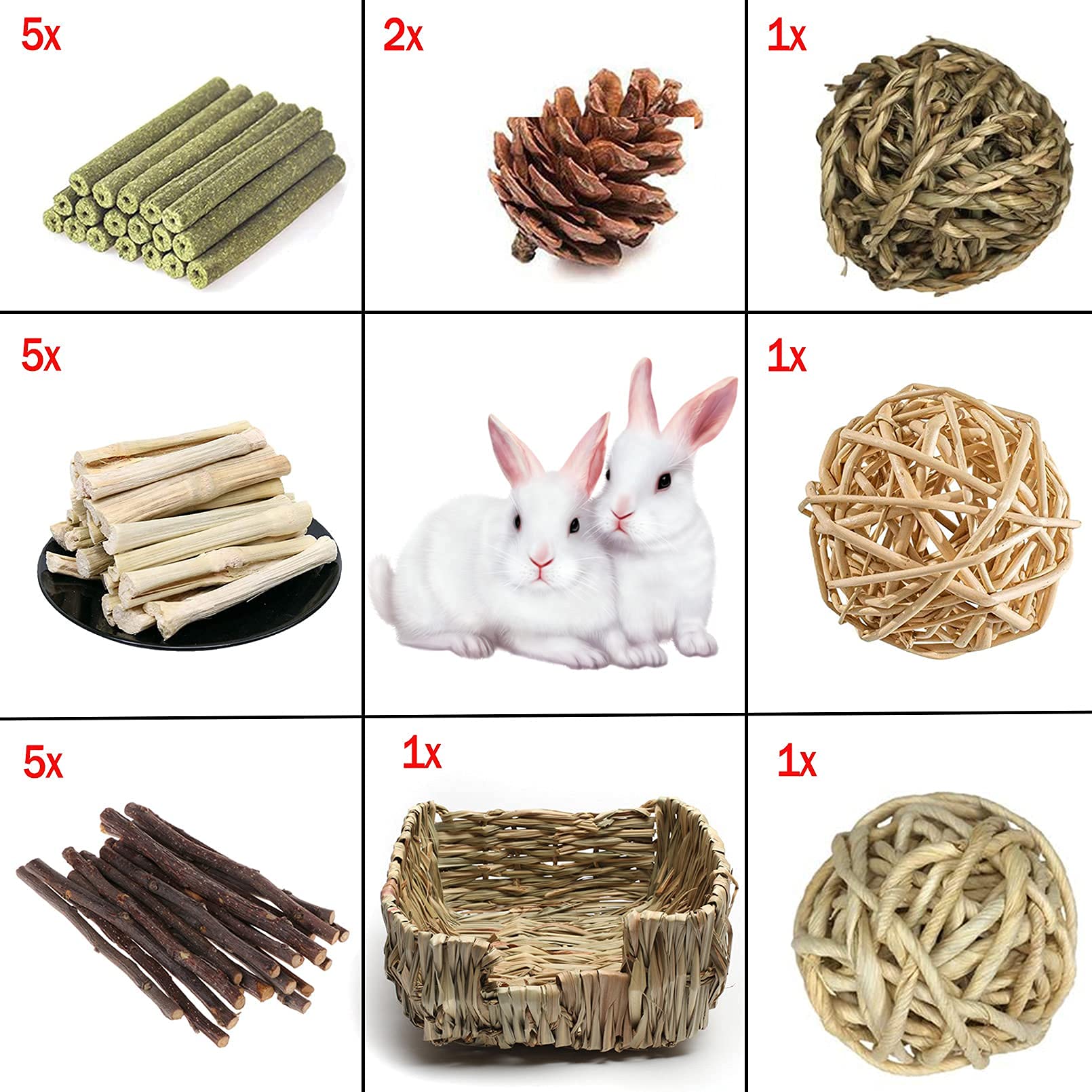 Hamiledyi Rabbit Grass Bed For Bunny, 21 Pcs Rabbit Chew Toys For Teeth Grinding Sweet Bamboo Timothy Stick Woven Grass Ball Pin