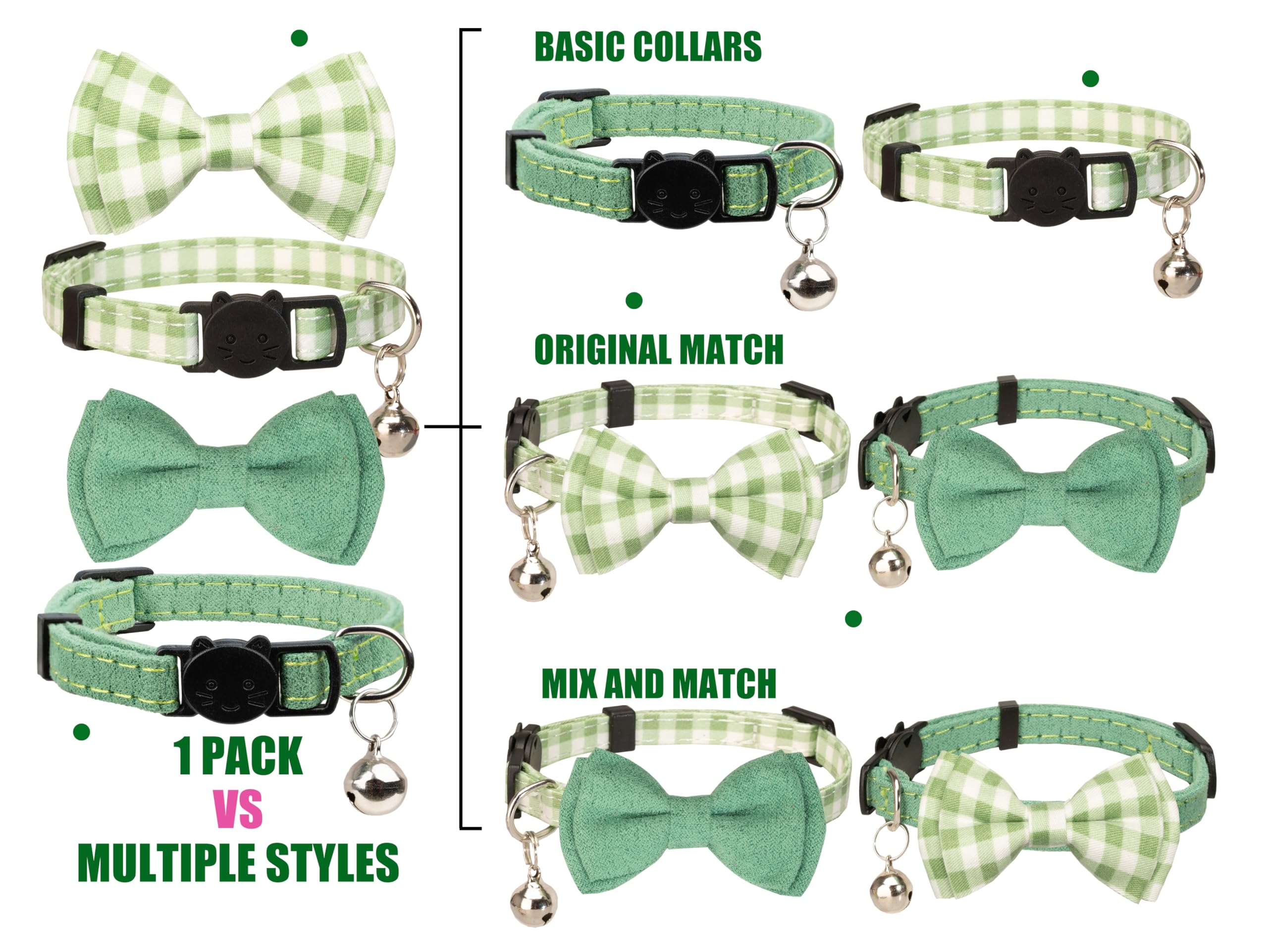 Gyapet Cat Collar Breakaway Bowtie Safety With Bell Adjustbale Kitten Puppy Solid Plaid Color Set J-[2Pcs] Green