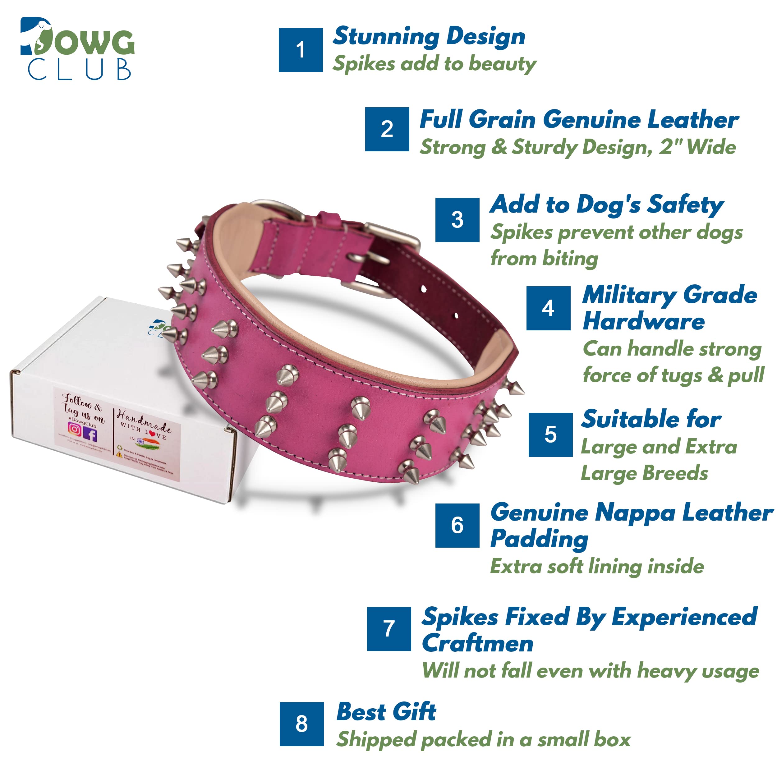 Dowgclub Spiked Leather Dog Collar - 2 Wide Full Grain Bridle Leather, Heavy Duty, Padded & Adjustable - For Large Breeds (L (