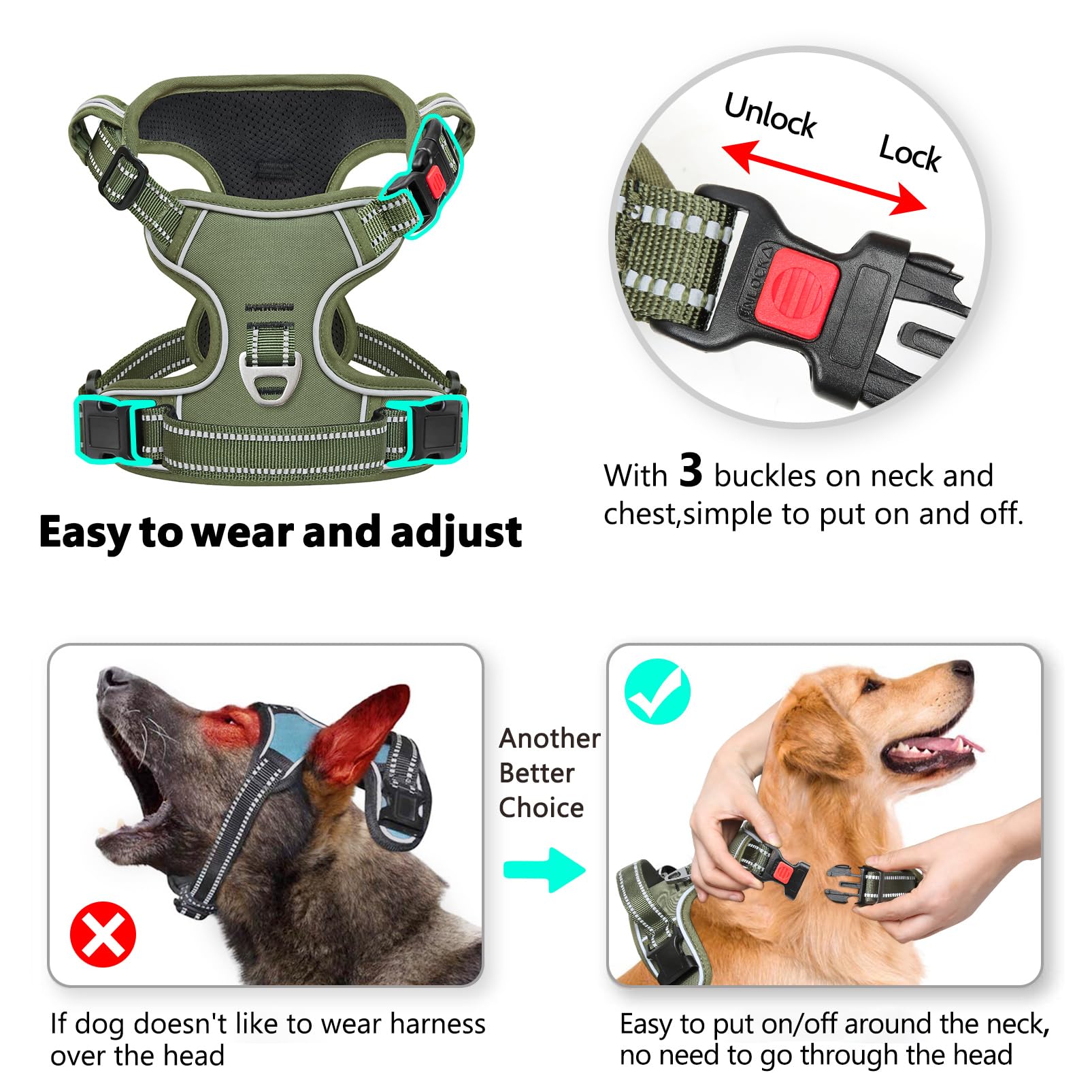 Timos No Pull Dog Harness, Medium, Lock Green, 1680D Oxford, Adjustable, Reflective Vest with Front Clip and Control Handle