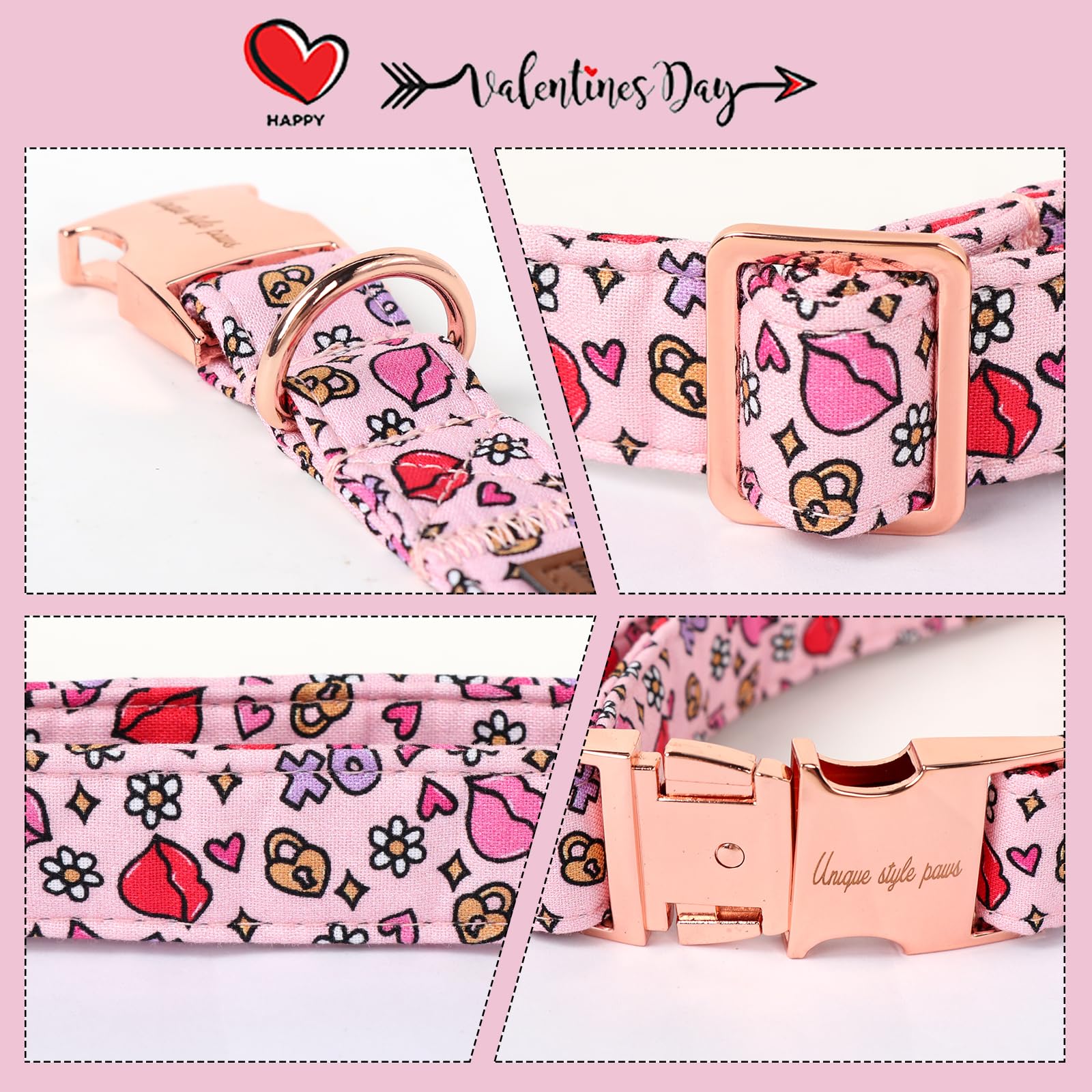 Unique Style Paws Valentine'S Day Dog Collar Metal Buckle Collar Xo Red Lips Gift For Small Medium Large Boys Girls Dogs Wedding
