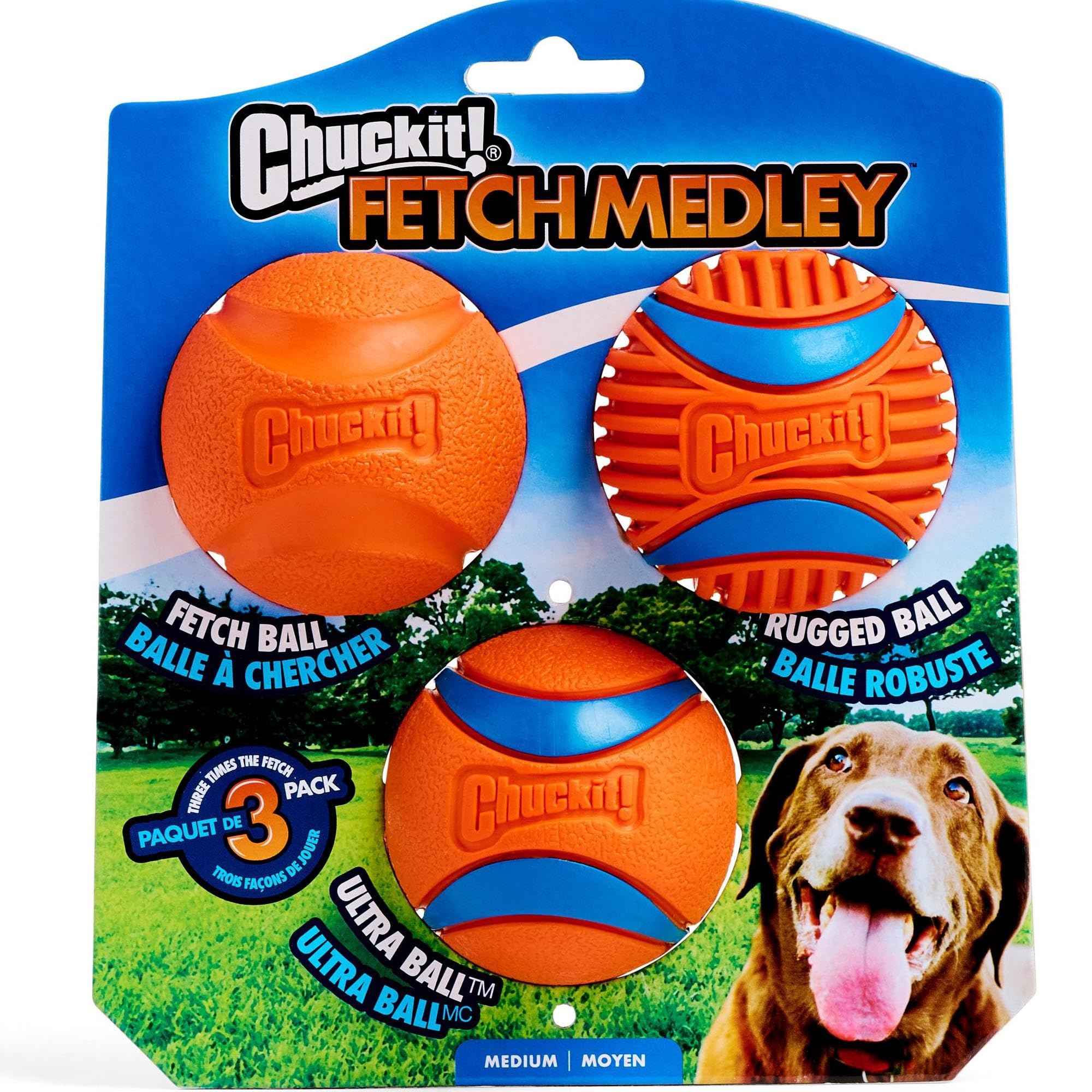 Chuckit! Gen 3 Fetch Medley Dog Balls - Interactive Dog Toys, High-Bounce Fetch Ball, Floating Ultra And Rugged Balls, Durable - Size Medium, 2.5-Inch Diameter, Set Of 3
