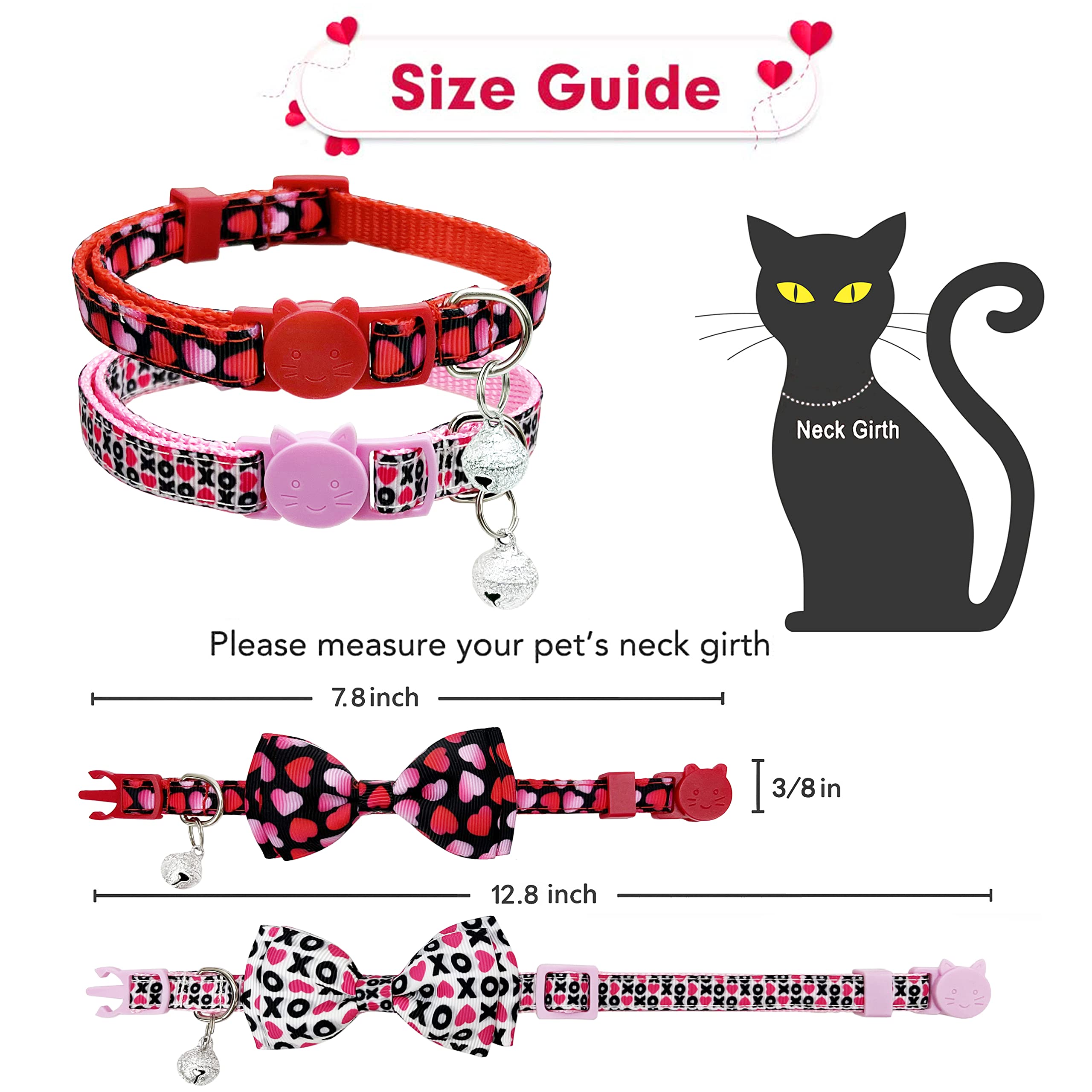Pohshido 2 Pack Valentine Kitty Kitten Collar With Bow Tie, Holiday Heart Collar With Bell For Boys And Girls Male Female Cats (Pattern 1)