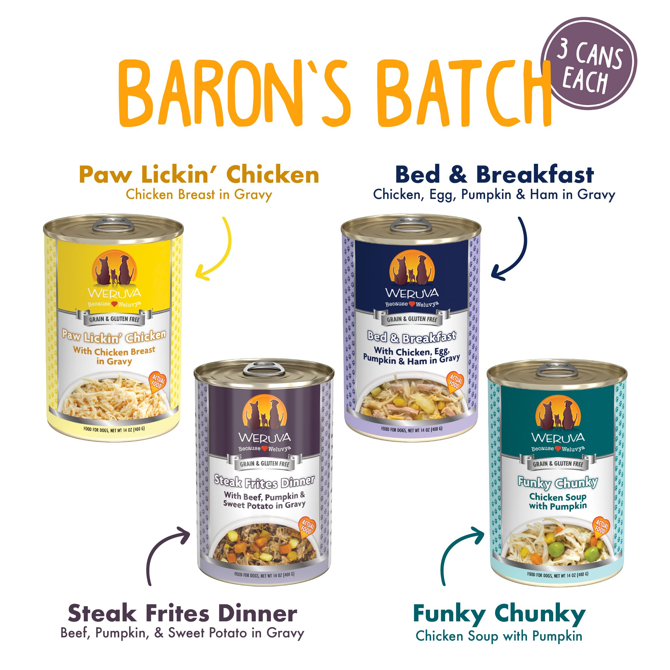 Weruva Classic Dog Food, Variety Pack, Barons Batch, Wet Dog Food, 14oz Cans (Pack of 12), Multi