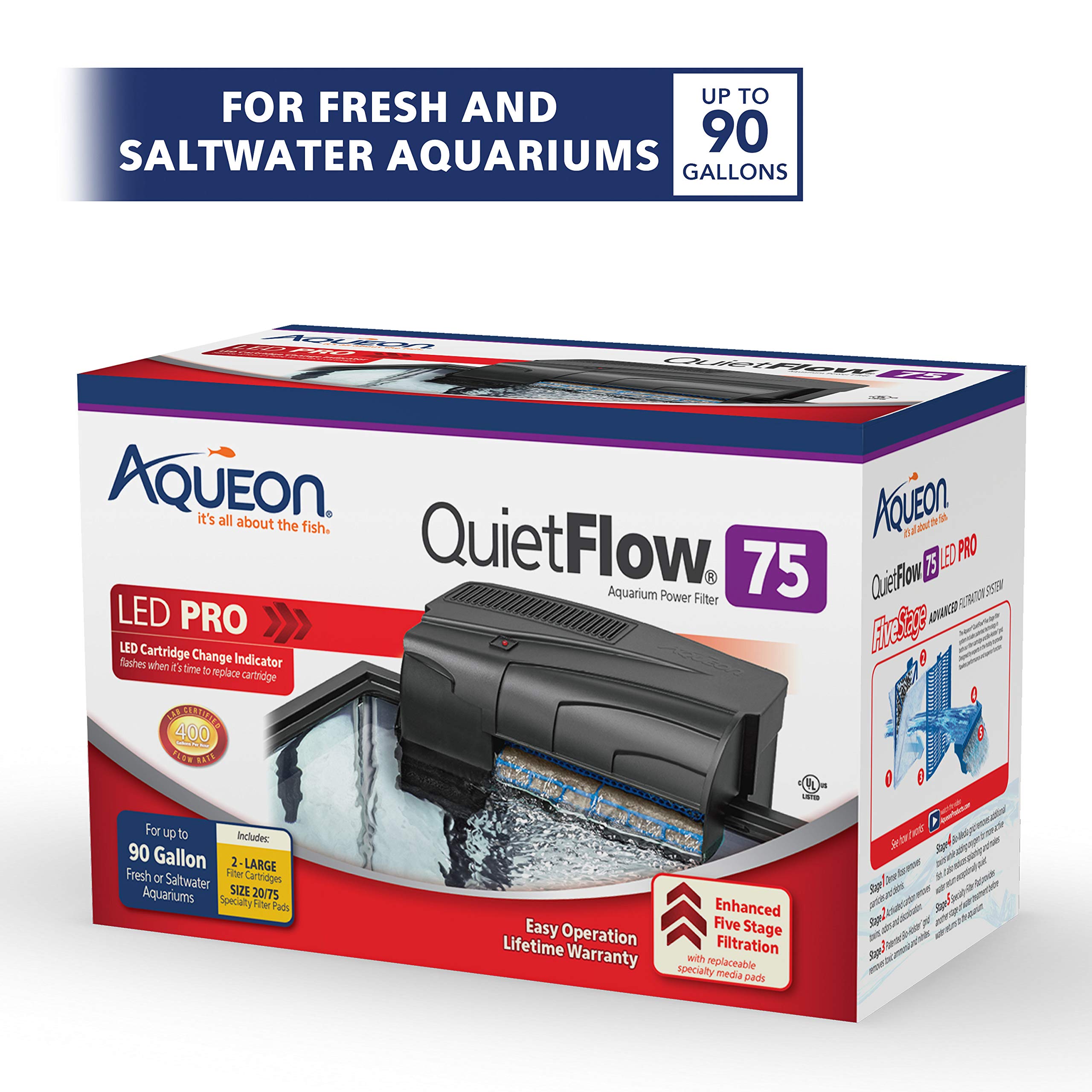 Aqueon Quietflow 75 Led Pro Aquarium Fish Tank Power Filter For Up To 90 Gallon Aquariums