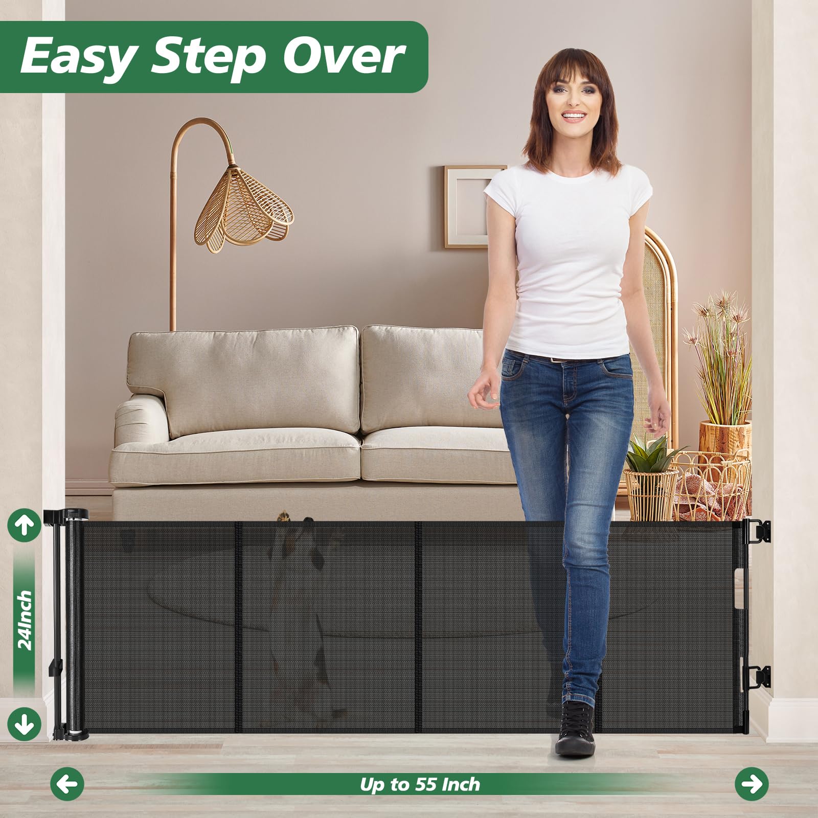 Reinforced 24 Inch Tall Retractable Baby Gates, Short Dog Gates to Step Over, Expands 0-55 Inches Wide, Mesh Pet Gate with Suppo