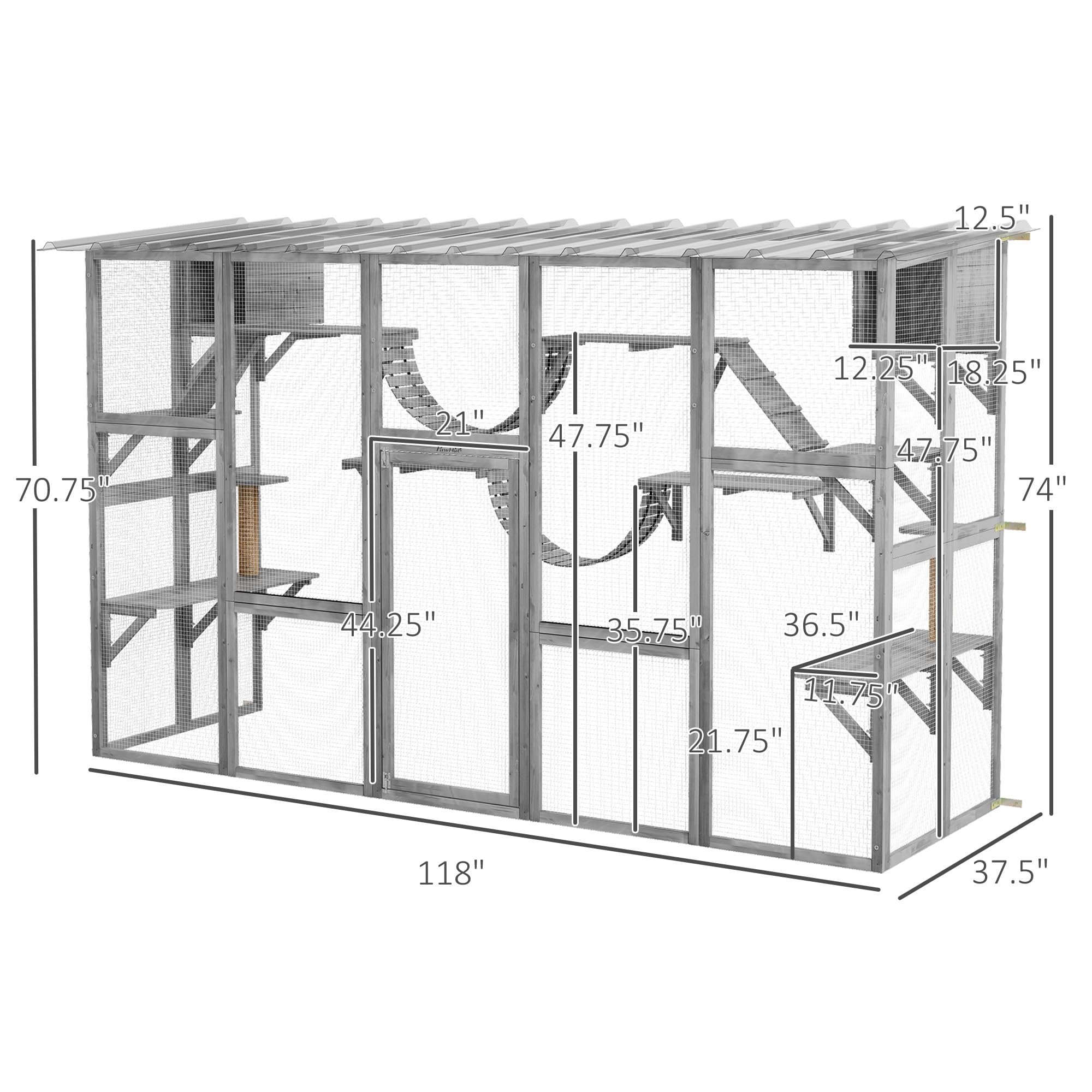 Pawhut Catio Playground Cat Window Box Outside Enclosure, Outdoor Cat House With Weather Protection Roof For Multiple Kitties, Wooden Frame, Shelves & Bridges, 118' X 37.5' X 74', Gray