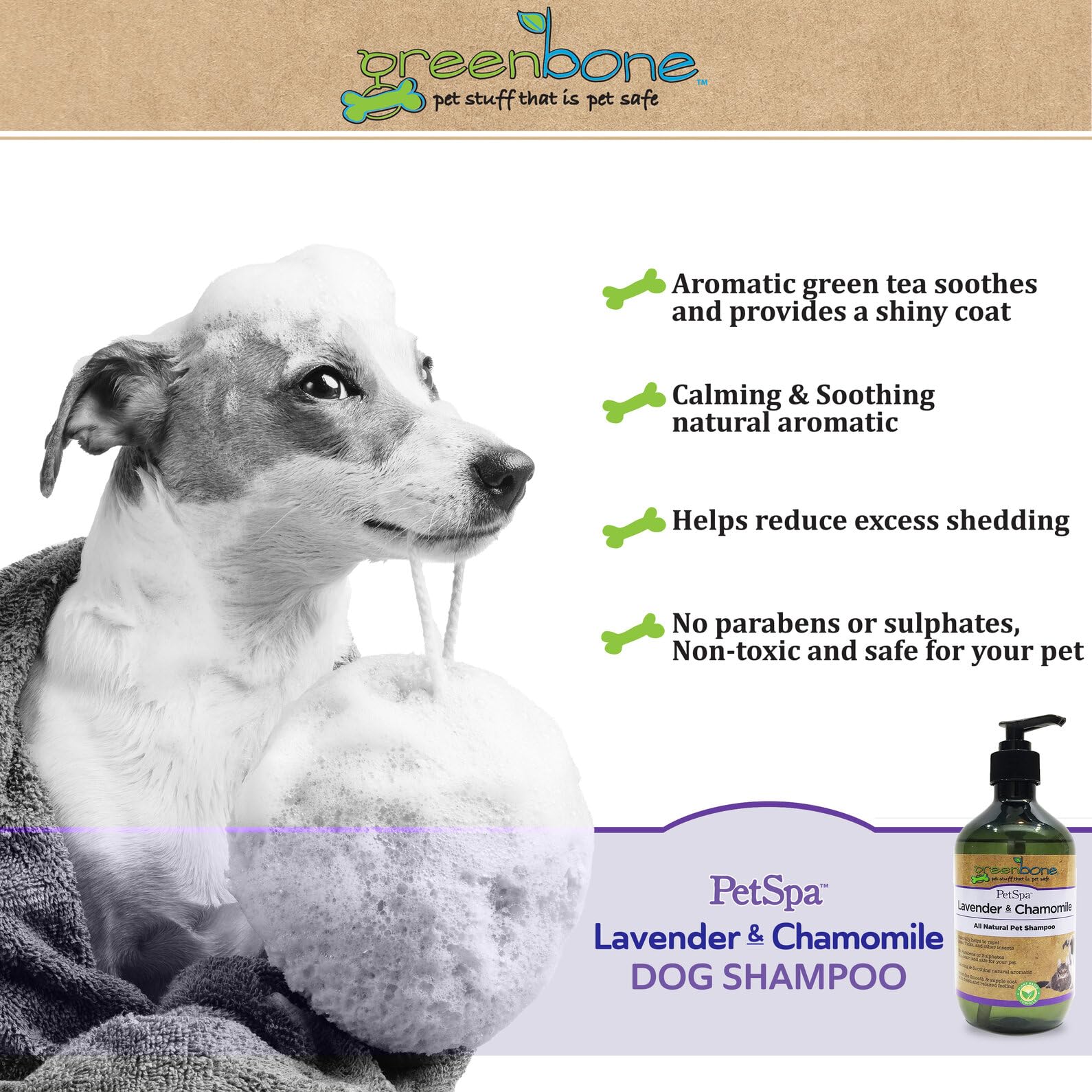 Greenbone Pet Spa All-Natural Plant-Based Shampoo - Lavendar & Chamomile - Calming & Soothing