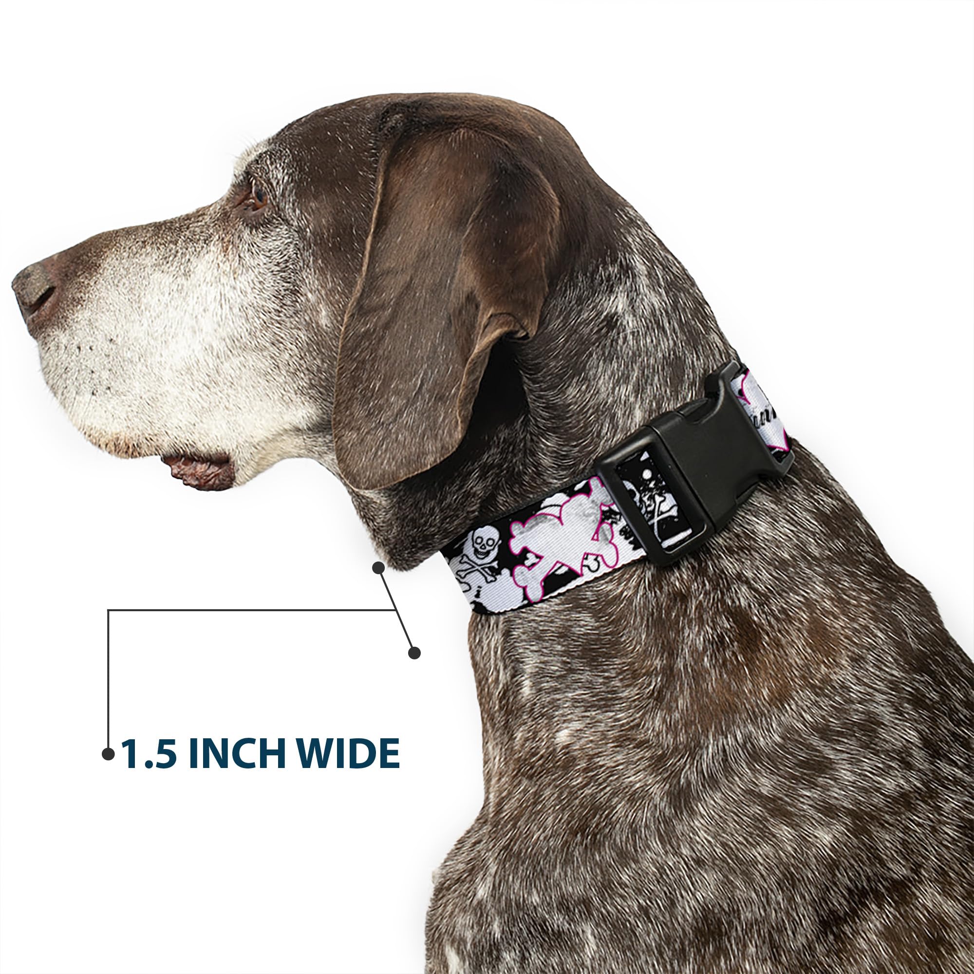 Buckle-Down 13-18 Punk Heart & Cross Bones with Skulls & Splatter Black/White Plastic Clip Collar, Wide Small