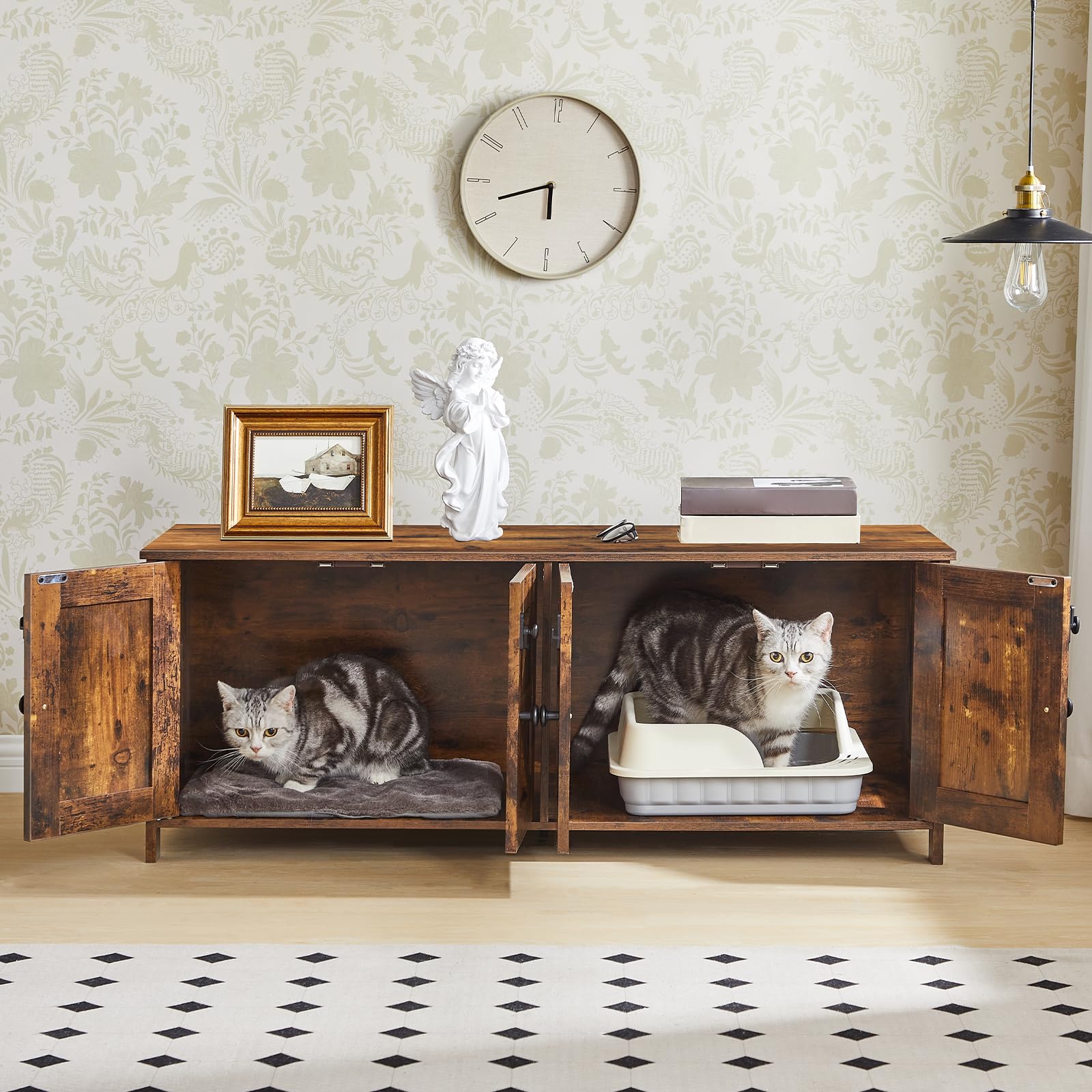 Hoobro 47.2'' Double Litter Box Enclosure, Hidden Litter Box Furniture With Double Rooms, Wooden Tv Stand With Storage, Dual Cat